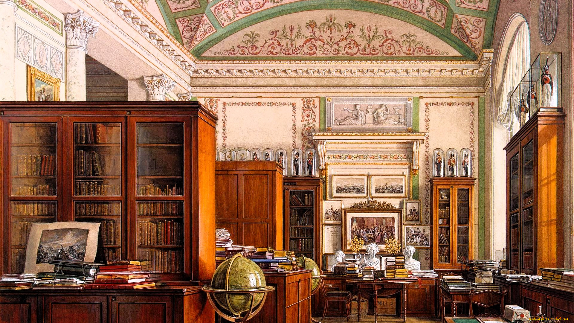 рисованное, эдуард, гау, дворец, интерьер, кабинет, свод, лепнина, люстра, столы, книги, шкафы, глобус