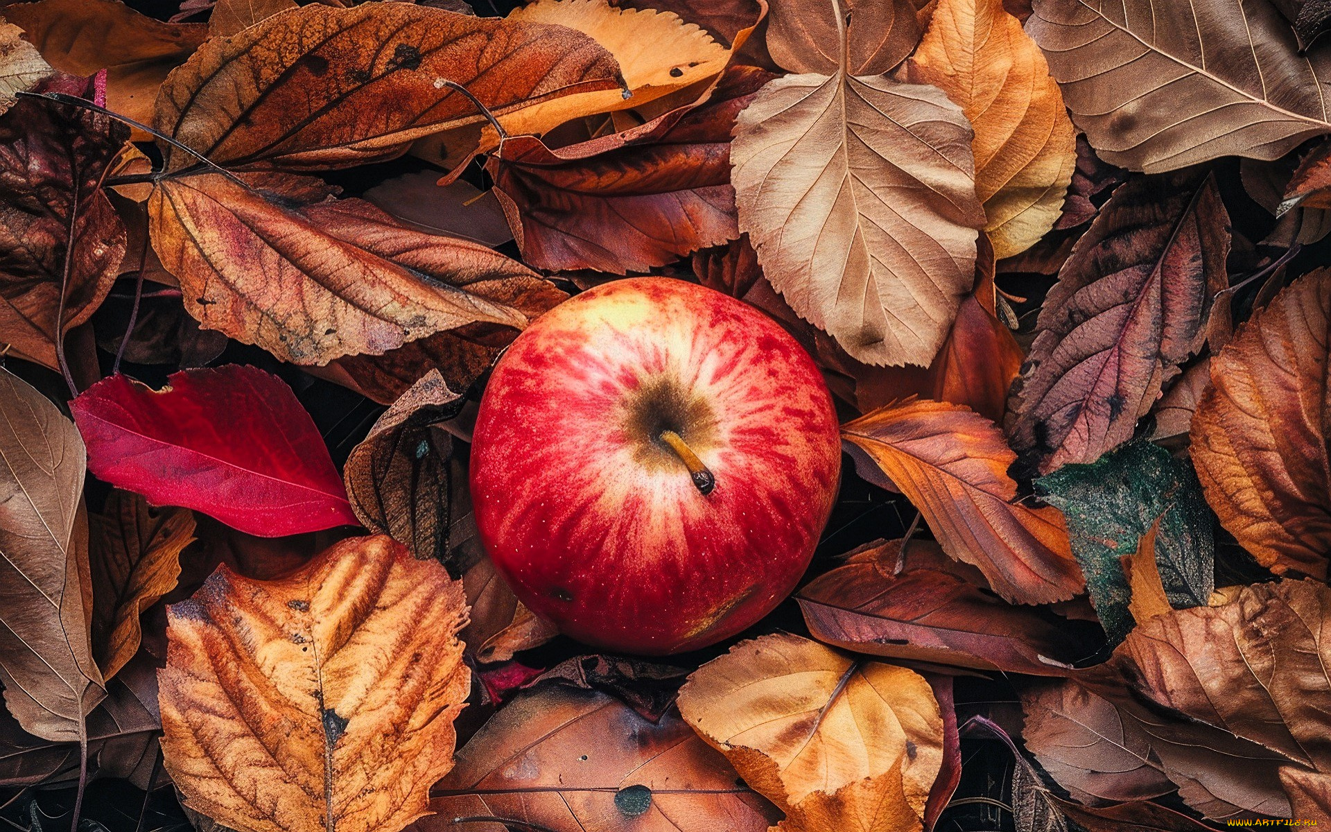 еда, яблоки, яблоко, листья, осень