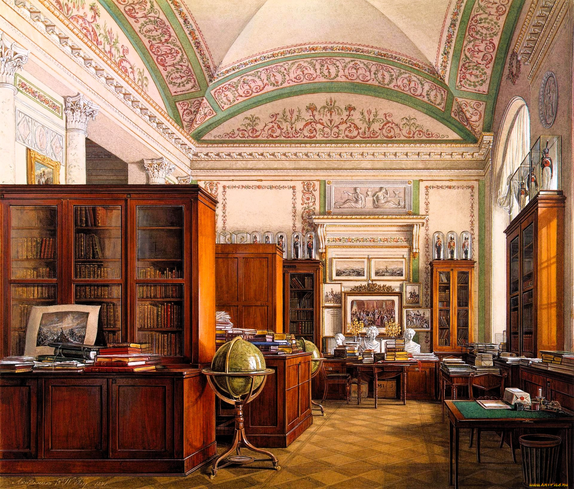 рисованное, эдуард, гау, дворец, интерьер, кабинет, свод, лепнина, люстра, столы, книги, шкафы, глобус