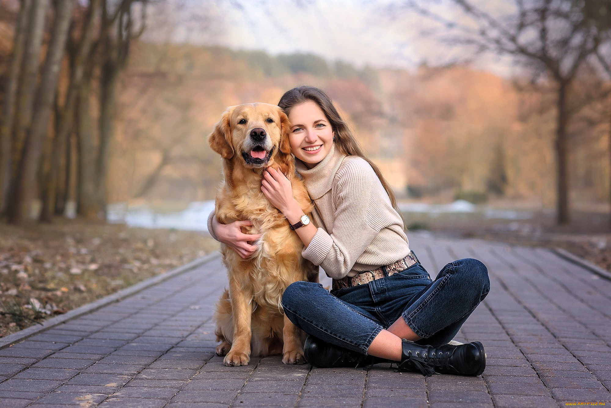 девушки, -, брюнетки, , шатенки, шатенка, свитер, джинсы, ботинки, собака, лес, озеро, осень