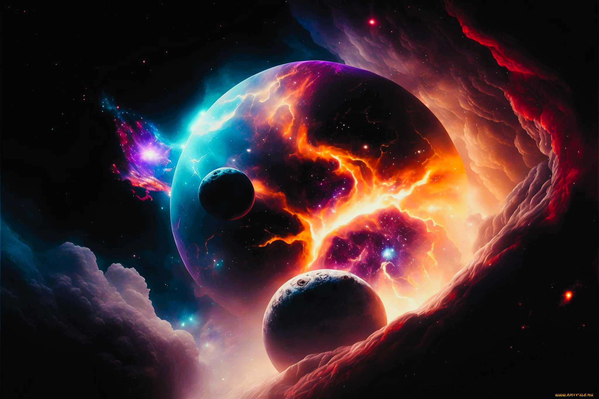 космос, арт, планеты, туманность, катастрофа