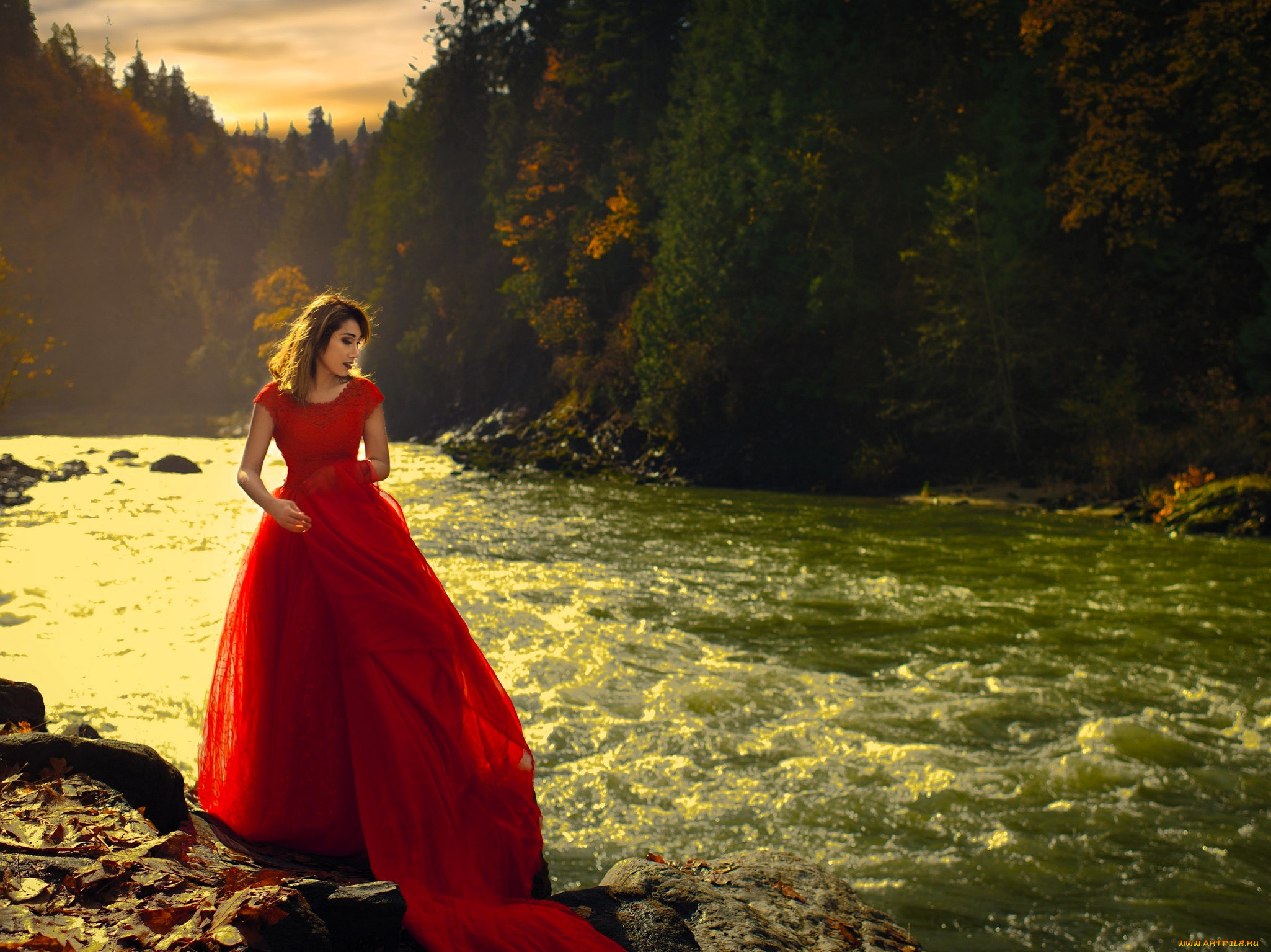 девушки, -, брюнетки, , шатенки, шатенка, платье, лес, осень, река