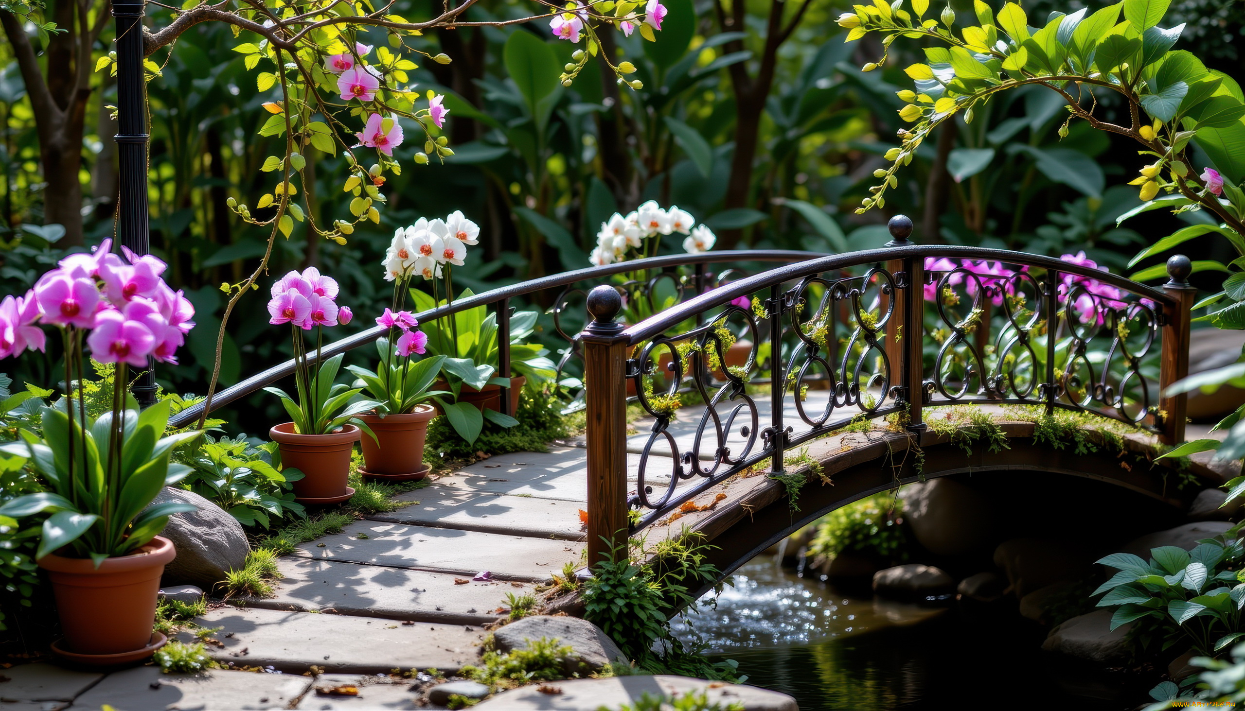 автор, wp, stl, 3д, графика, природа, , nature, парк, водоем, мостик, орхидеи