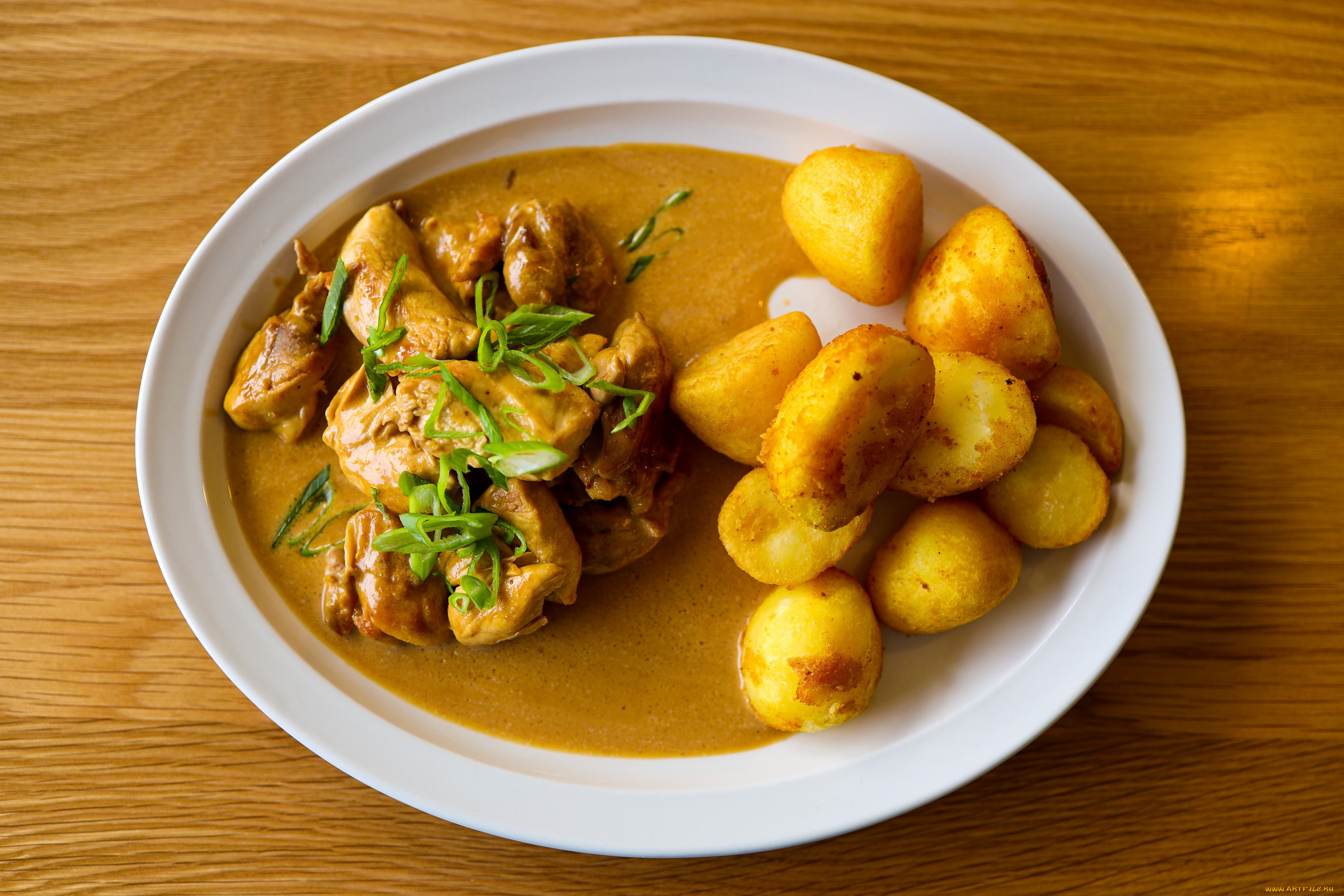 еда, мясные, блюда, картошка, соус, мясо, зелень