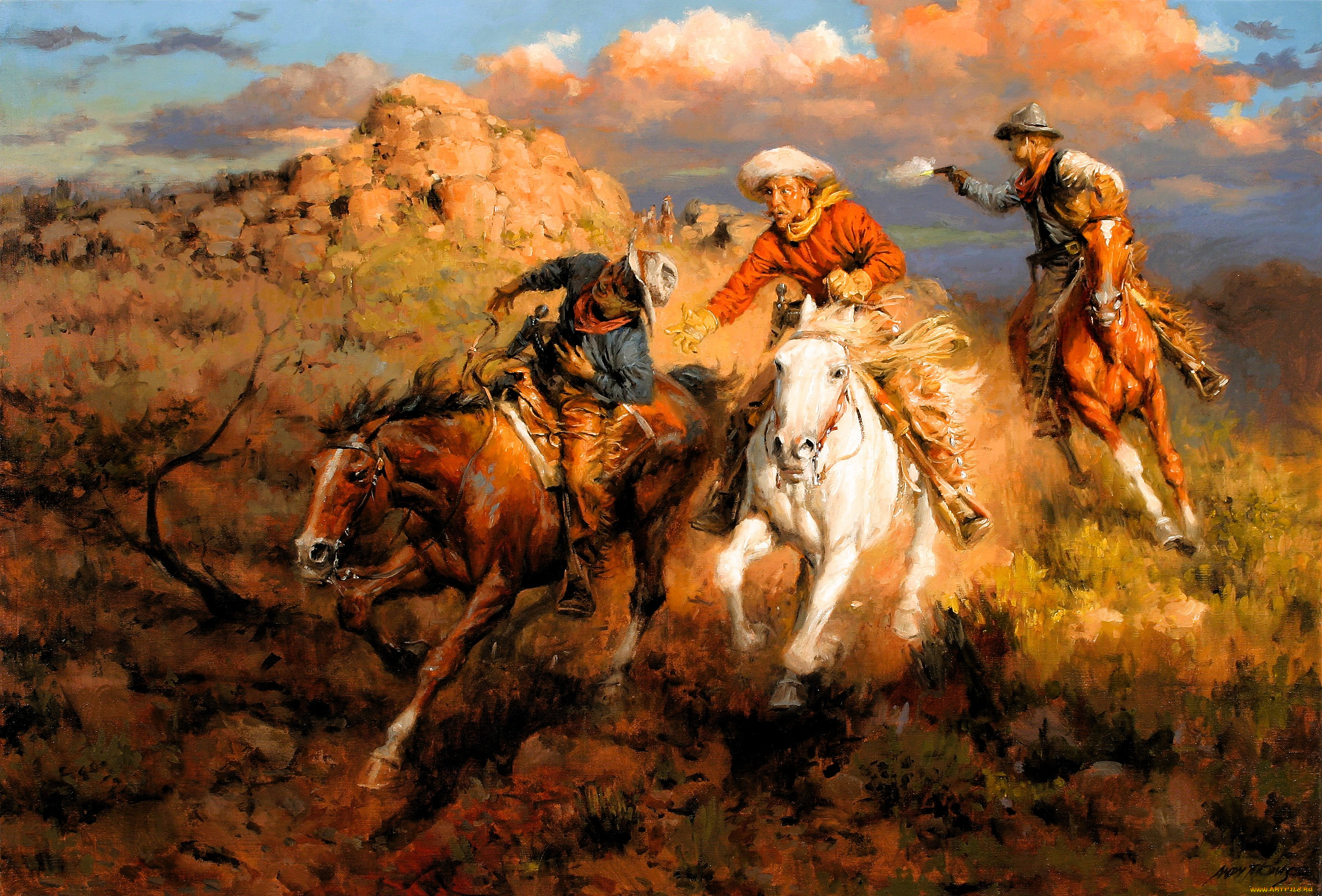 рисованное, andy, thomas, всадники, погоня, скала, прерия