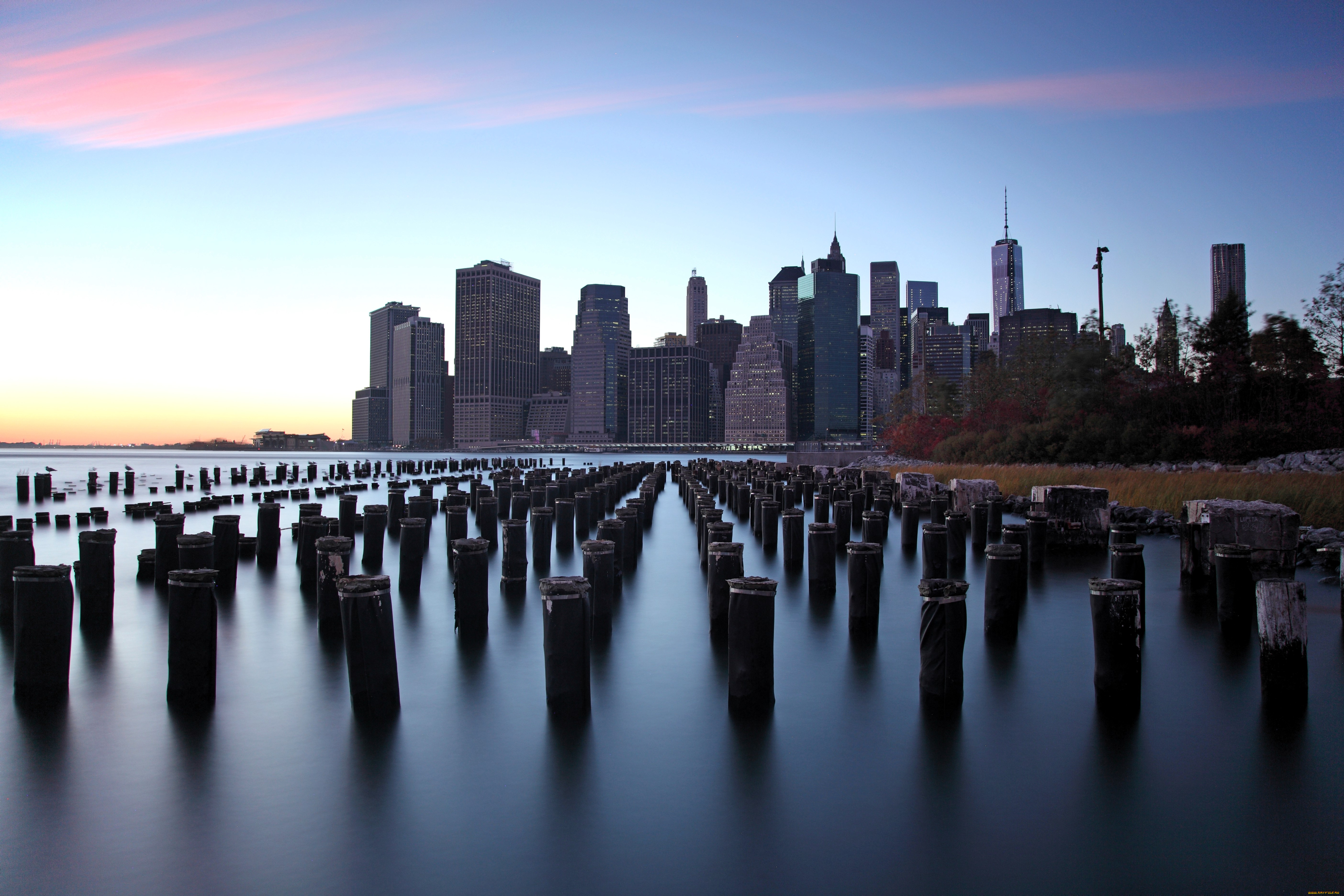 города, нью-йорк, , сша, рассвет, дома, манхеттен, столбы, река, деревья, осень