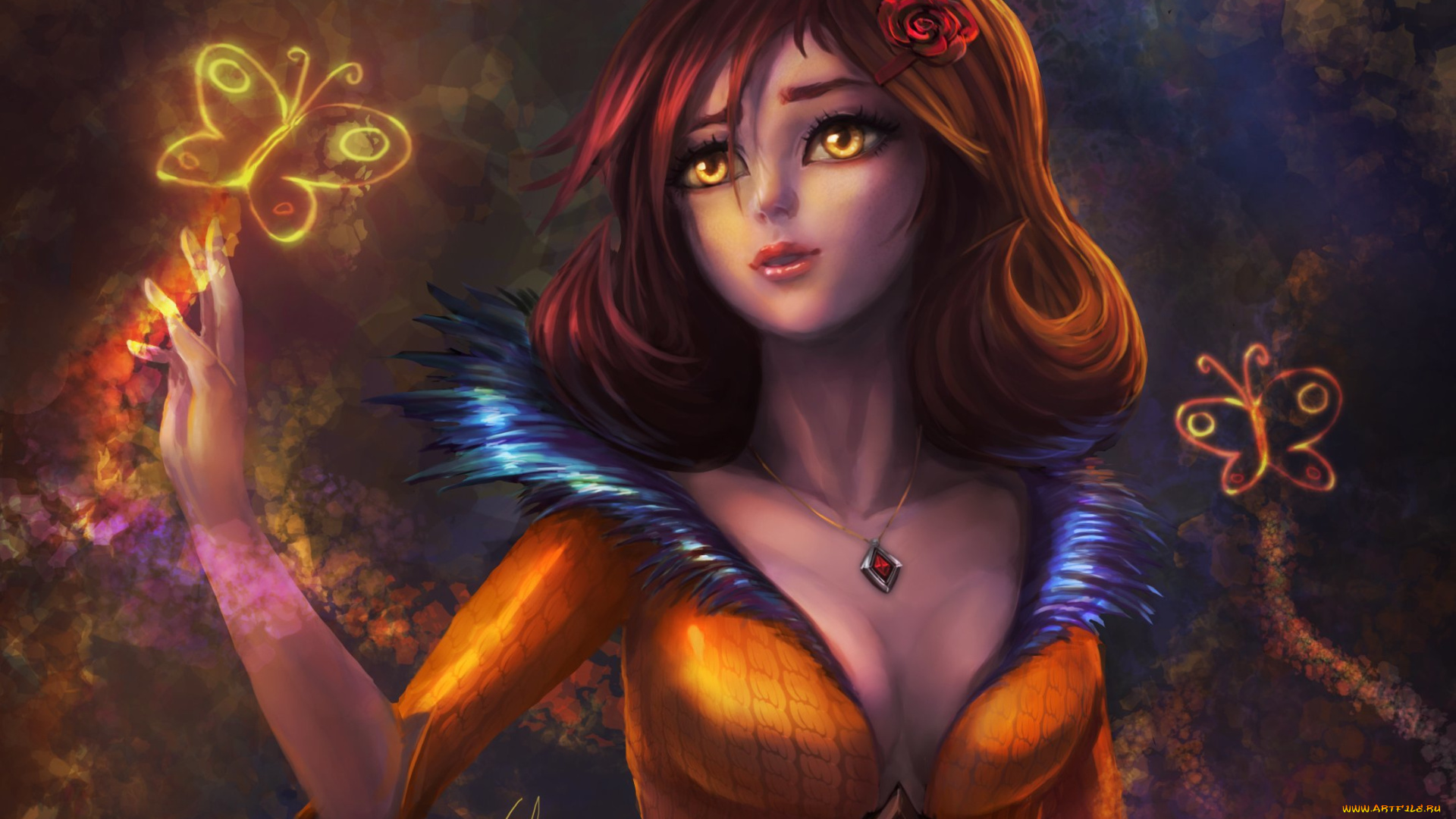 фэнтези, девушки, арт, девушка, взгляд, лицо, глаза, волосы, платье, украшение, бабочки