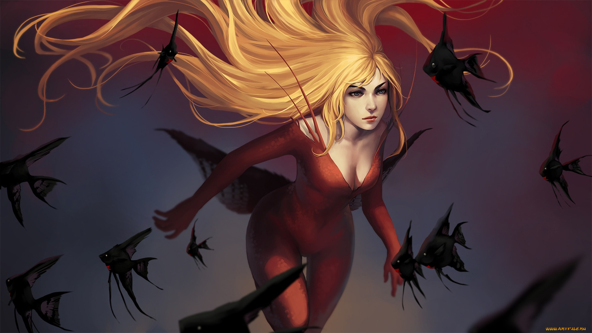 фэнтези, девушки, блондинка, девушка, рыба, арт, волосы