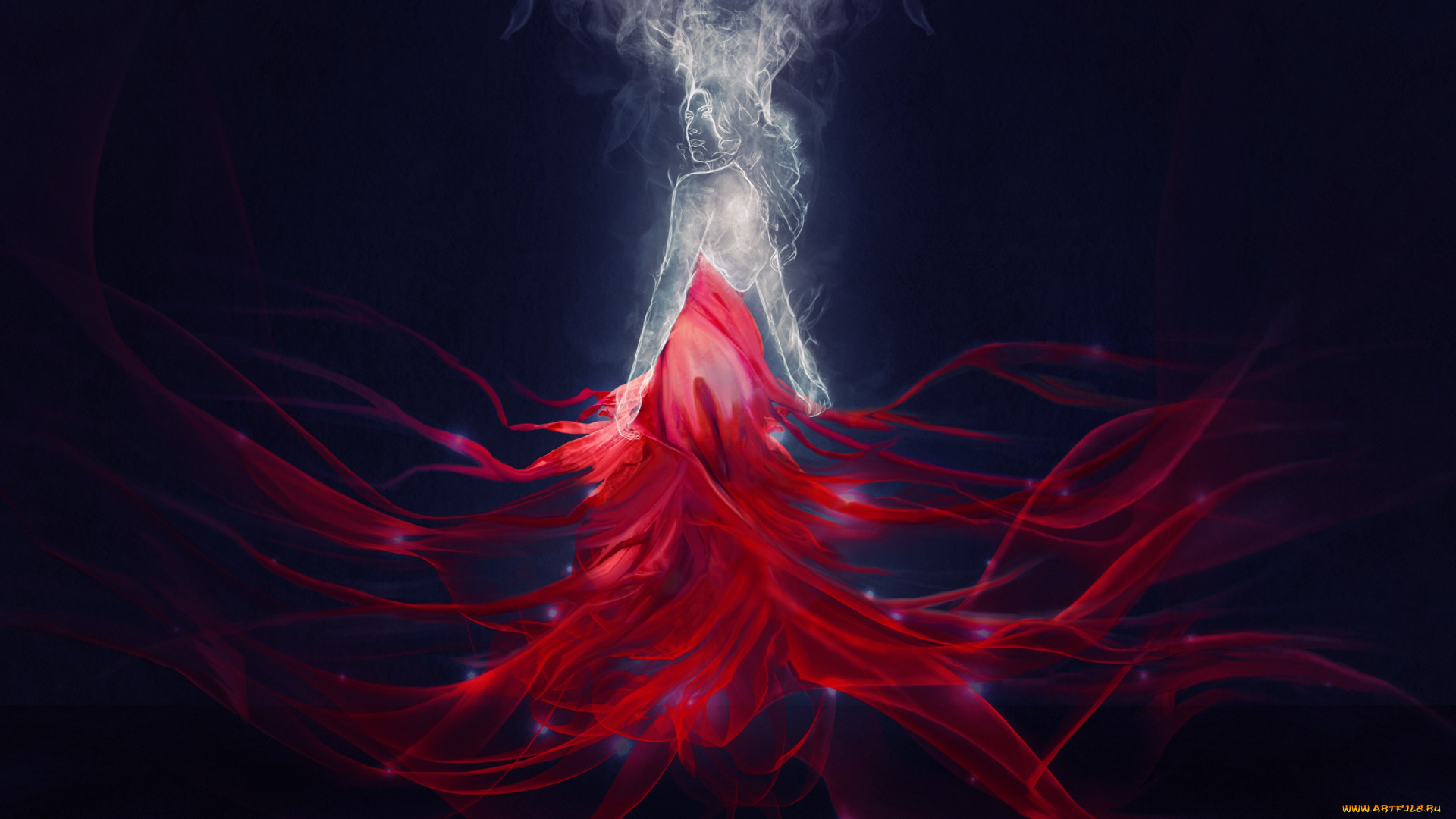 фэнтези, призраки, девушка, спина, дым, красное, платье, арт