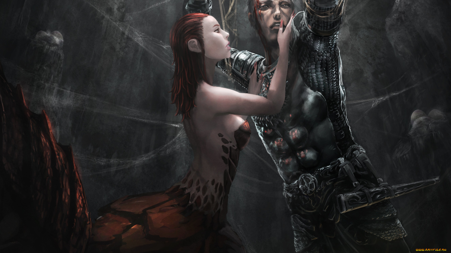 фэнтези, существа, фантастика, арт, паучиха, девушка, взгляд, паутина, парень