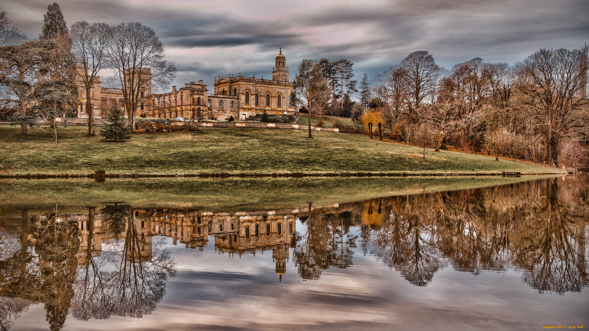 города, -, дворцы, , замки, , крепости, замок, строение, небо, озеро, отражение, облака, деревья, осень