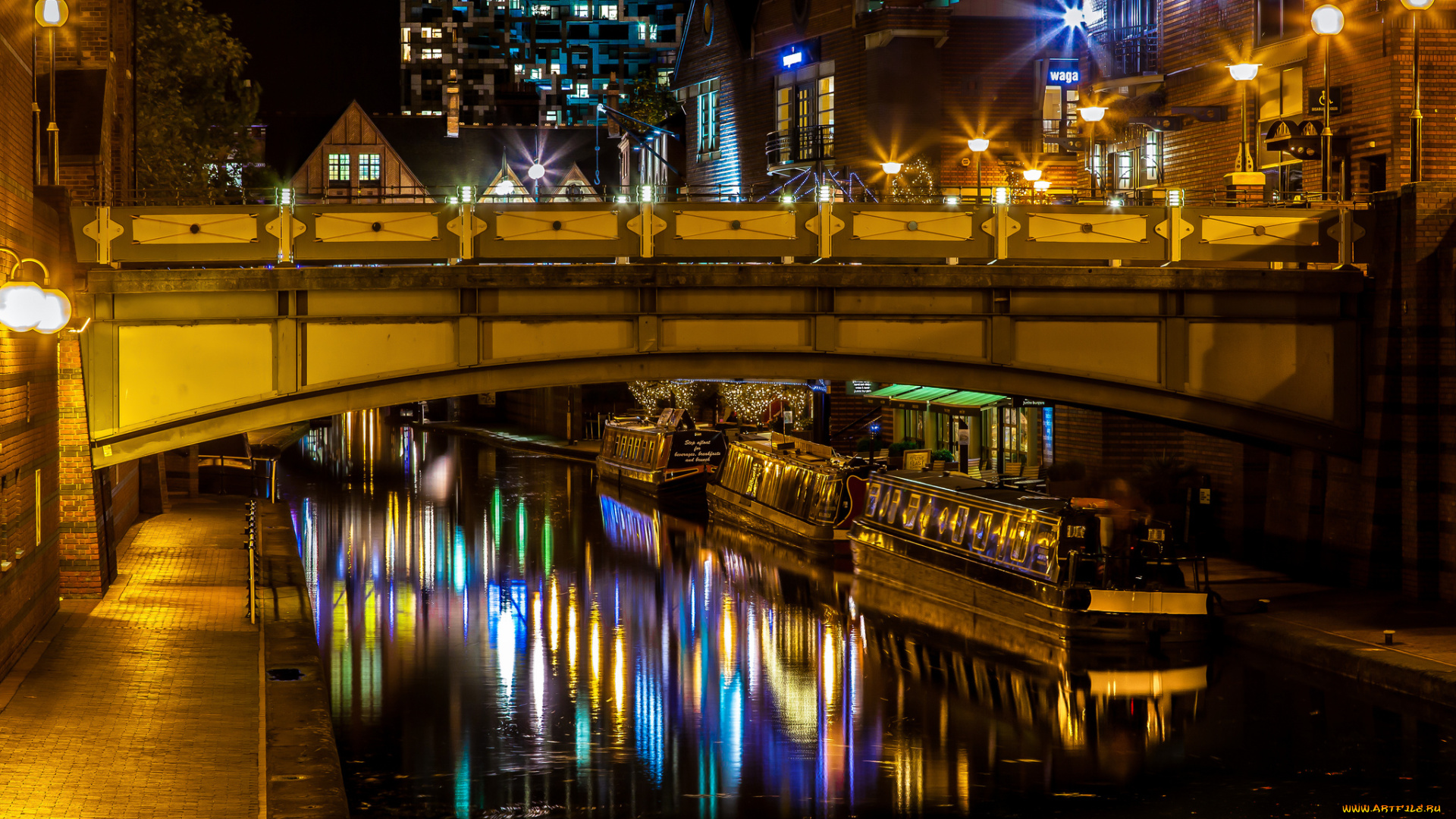 города, -, огни, ночного, города, город, мост, здания, дома, огни, река, отражение, ночь