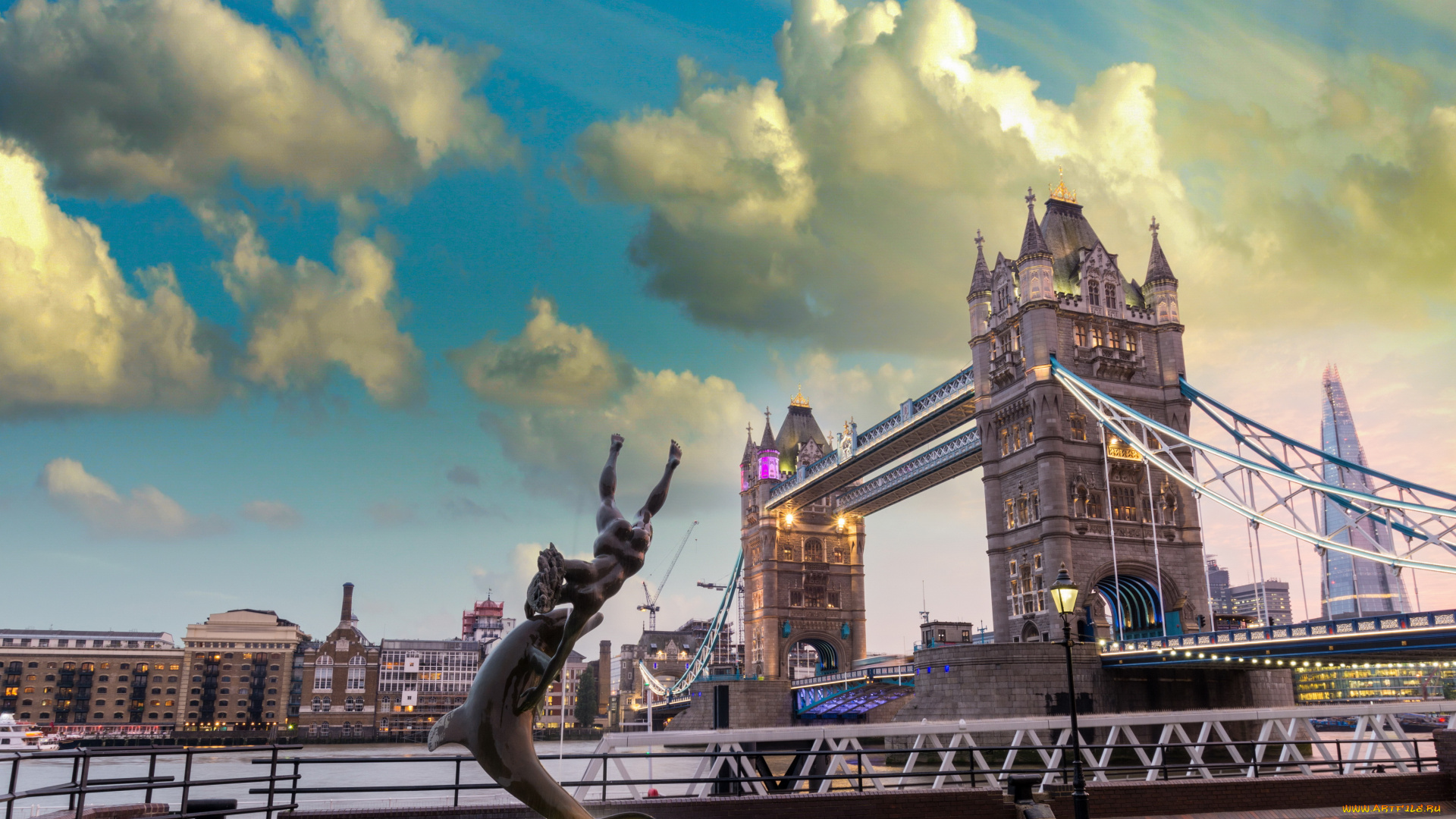 города, лондон, , великобритания, мост, фонтан, лондон, дома