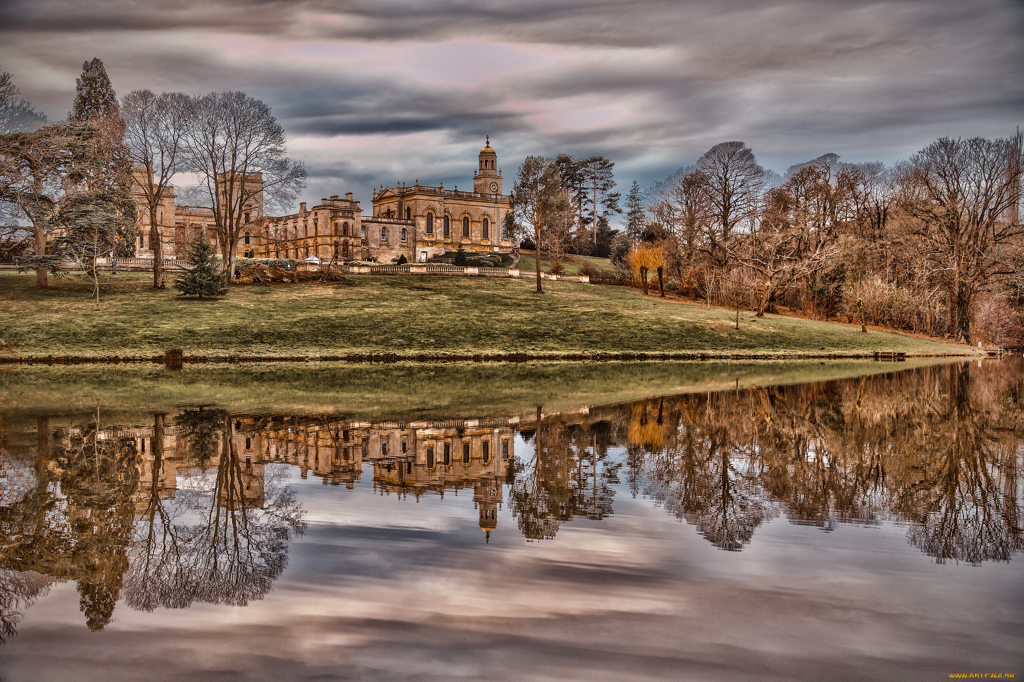 города, -, дворцы, , замки, , крепости, замок, строение, небо, озеро, отражение, облака, деревья, осень