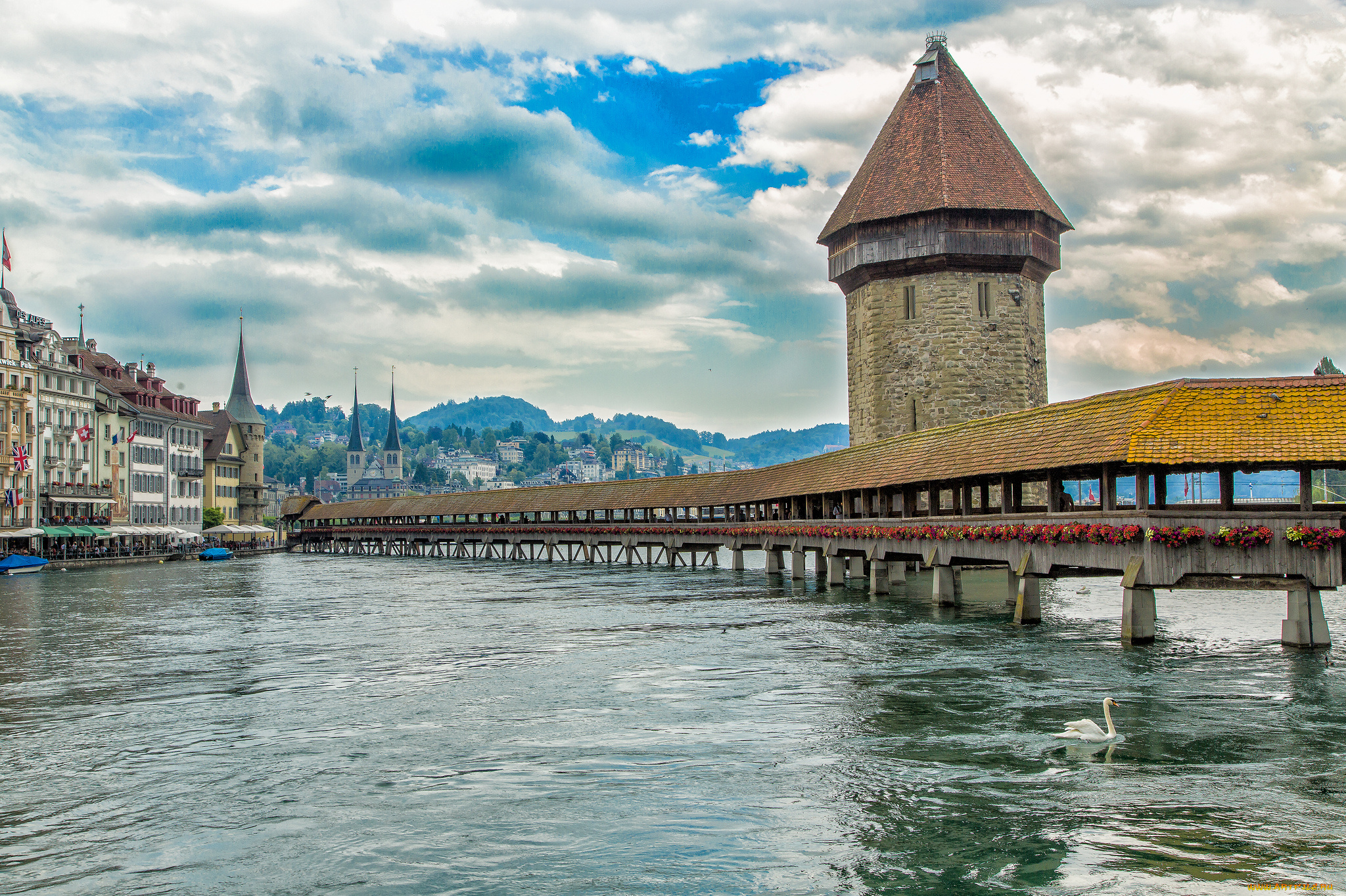 luzern, города, люцерн, , швейцария, мост, озеро, башня, горы
