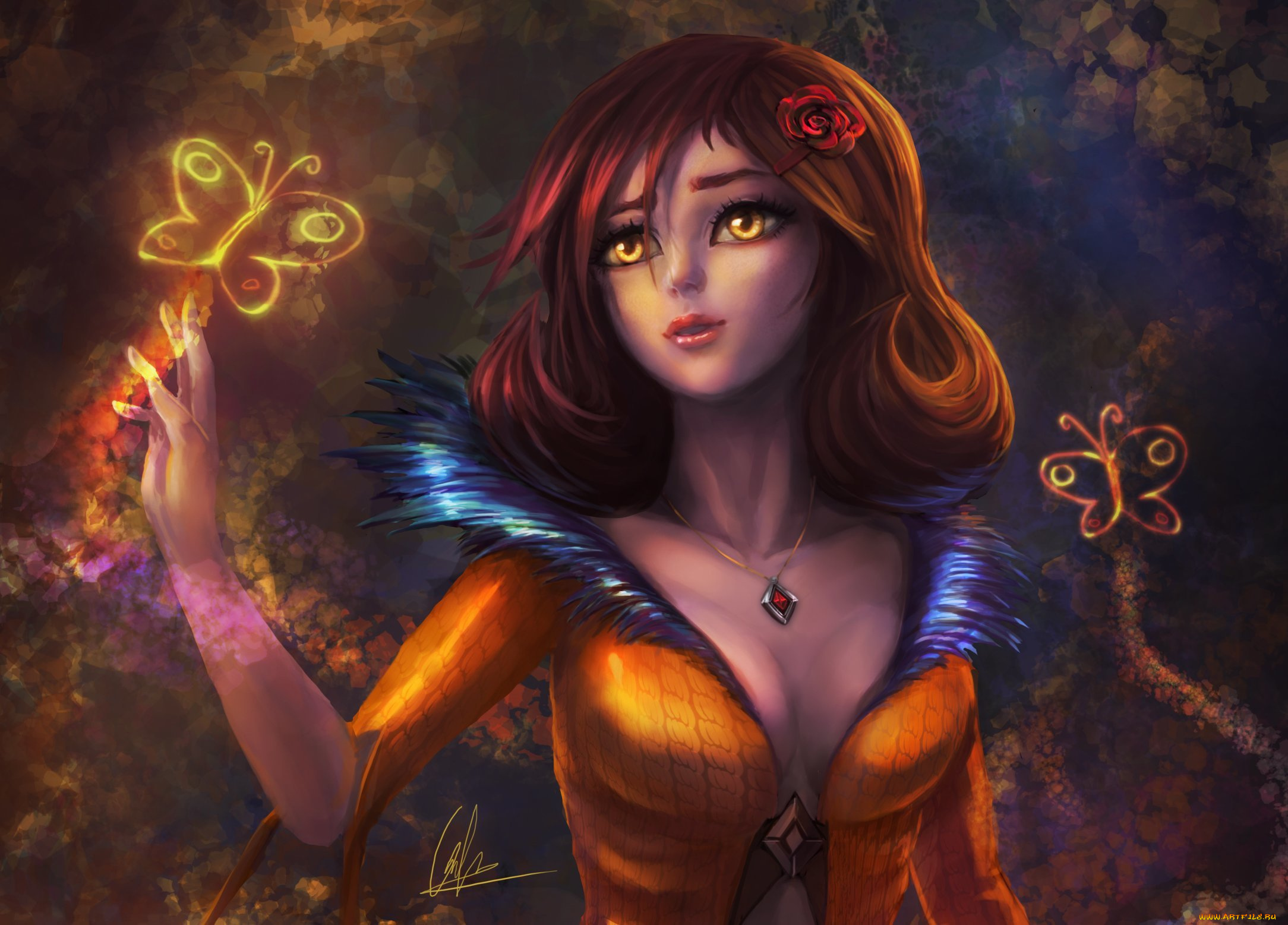 фэнтези, девушки, арт, девушка, взгляд, лицо, глаза, волосы, платье, украшение, бабочки