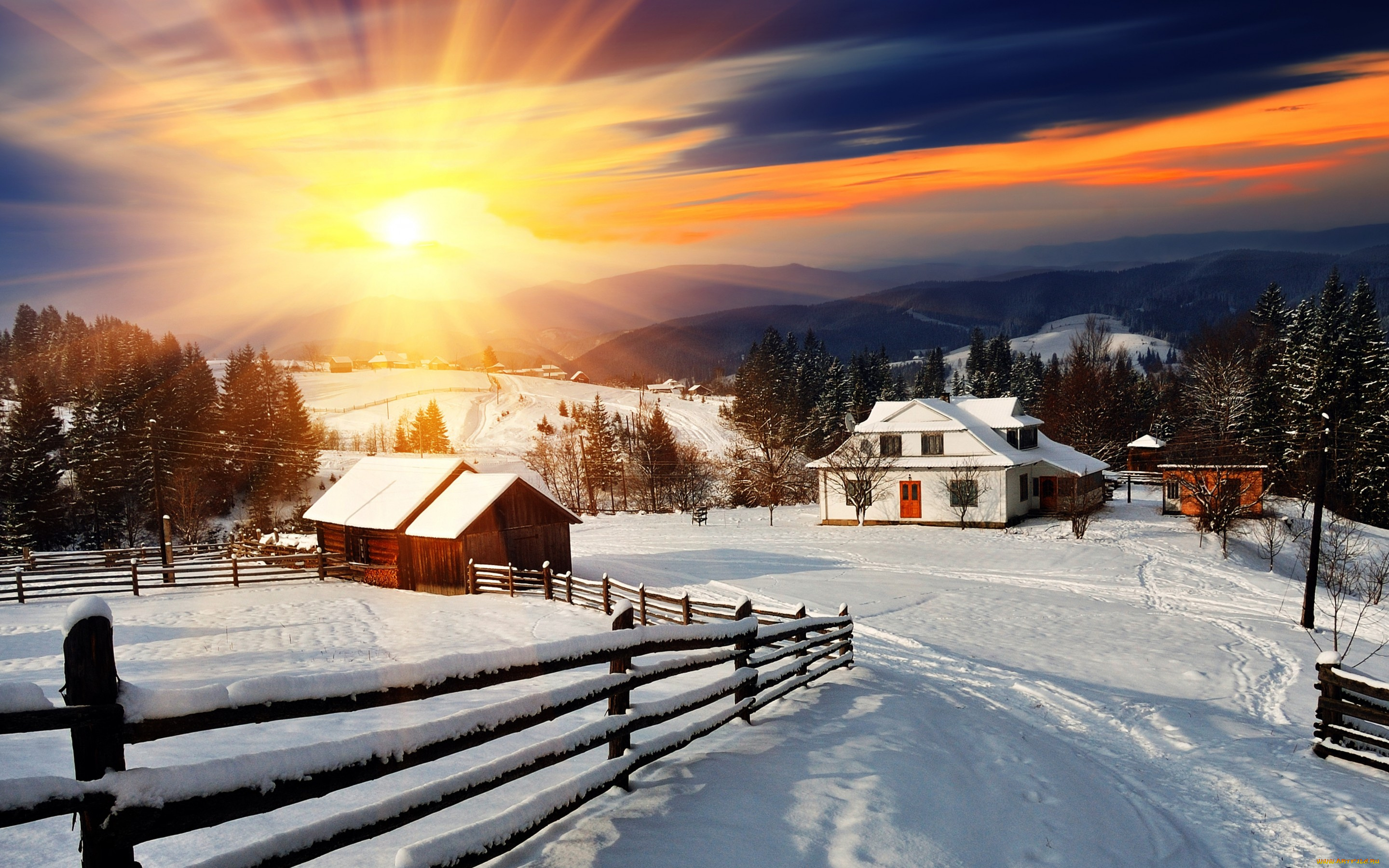 города, -, пейзажи, снег, зима, snow, landscape, забор, деревня, winter, домики, солнце