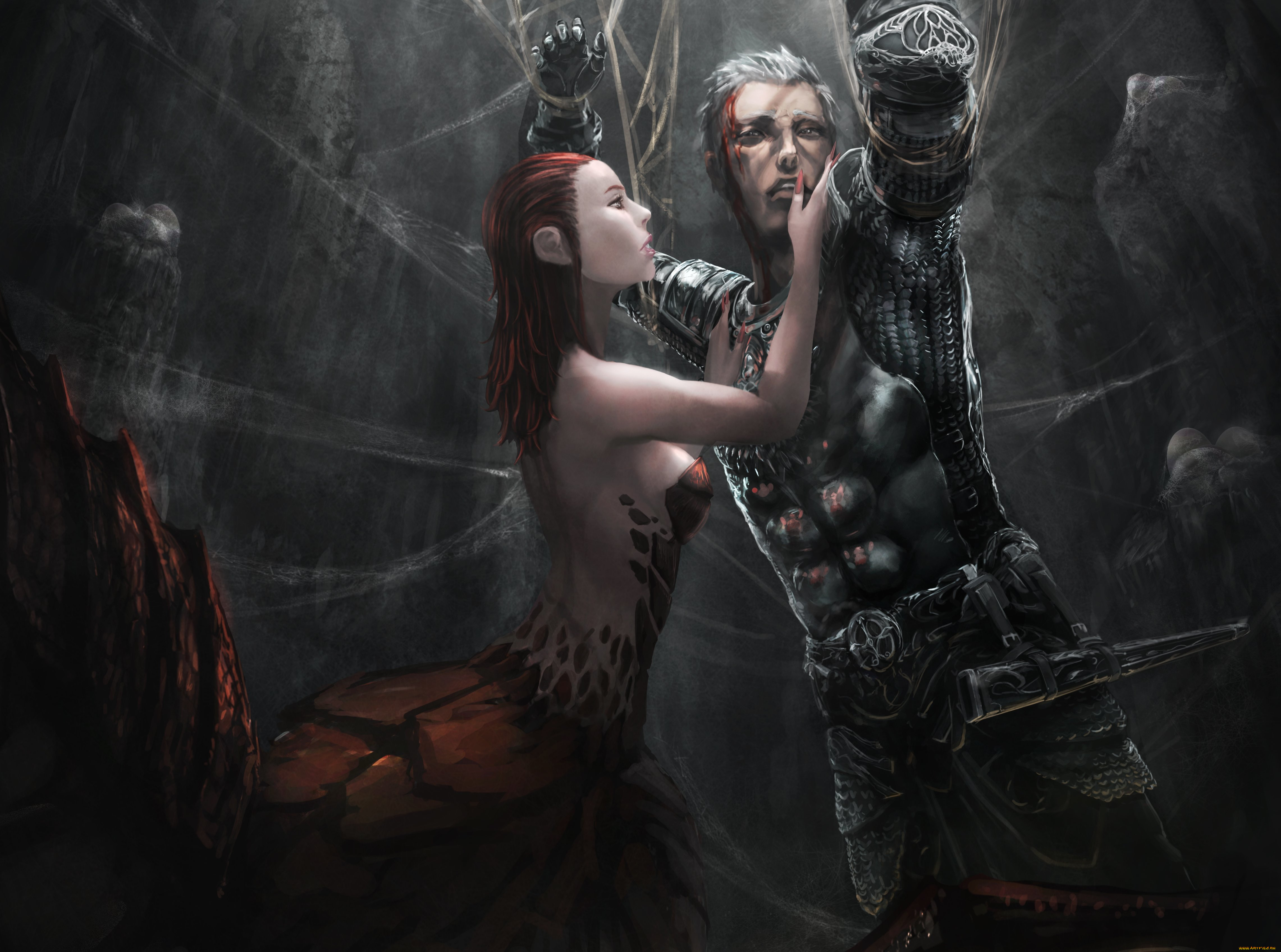 фэнтези, существа, фантастика, арт, паучиха, девушка, взгляд, паутина, парень