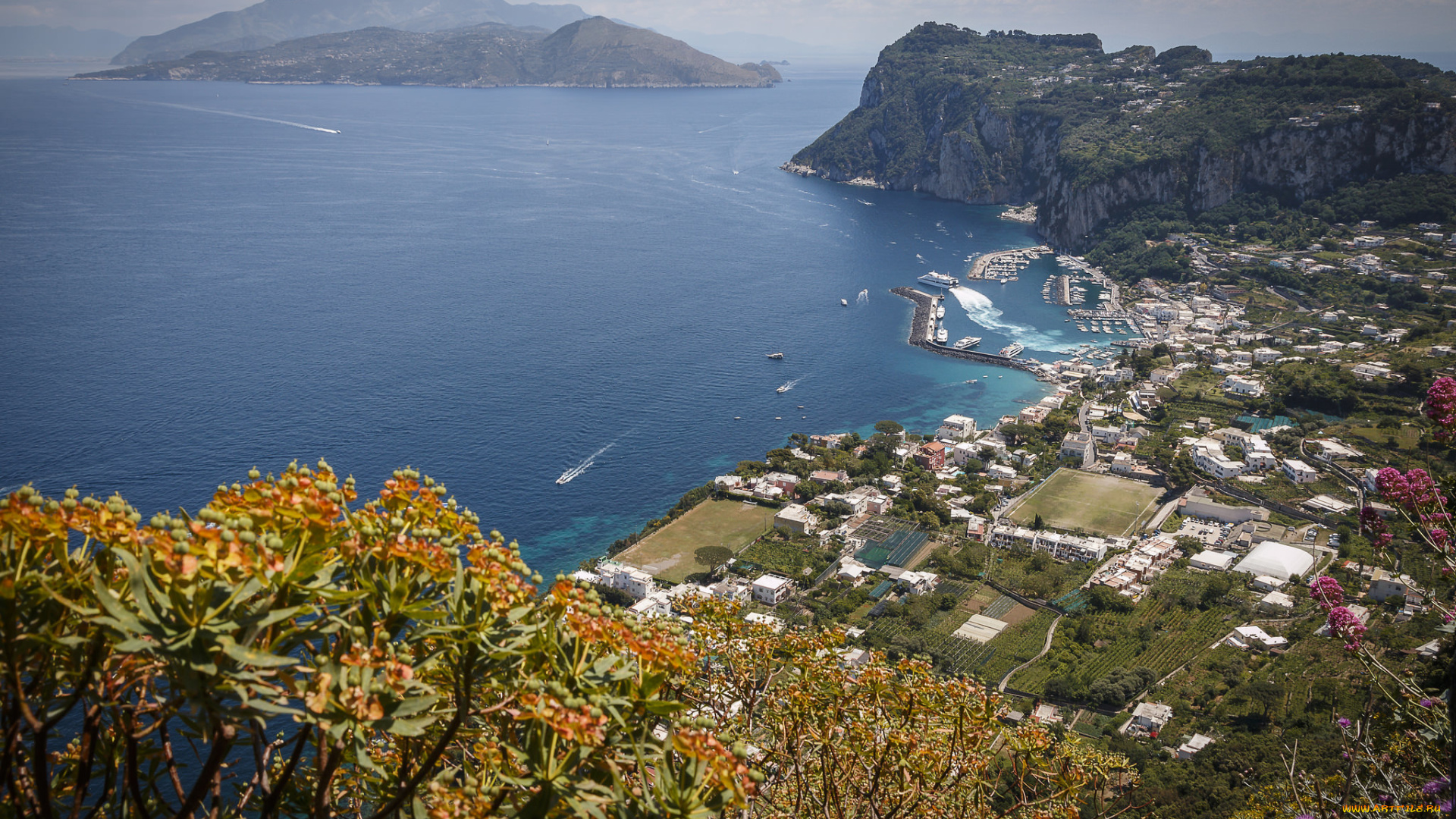 города, -, панорамы, италия, кампания, анакапри, бухта, море, горы, остров