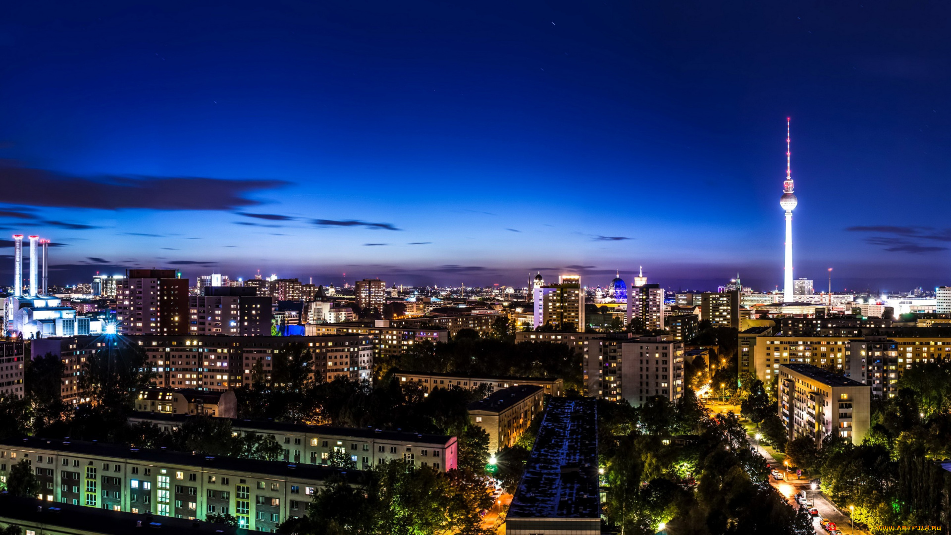 города, берлин, , германия, берлин, вид, сверху, небо, огни, ночь, дома, улицы