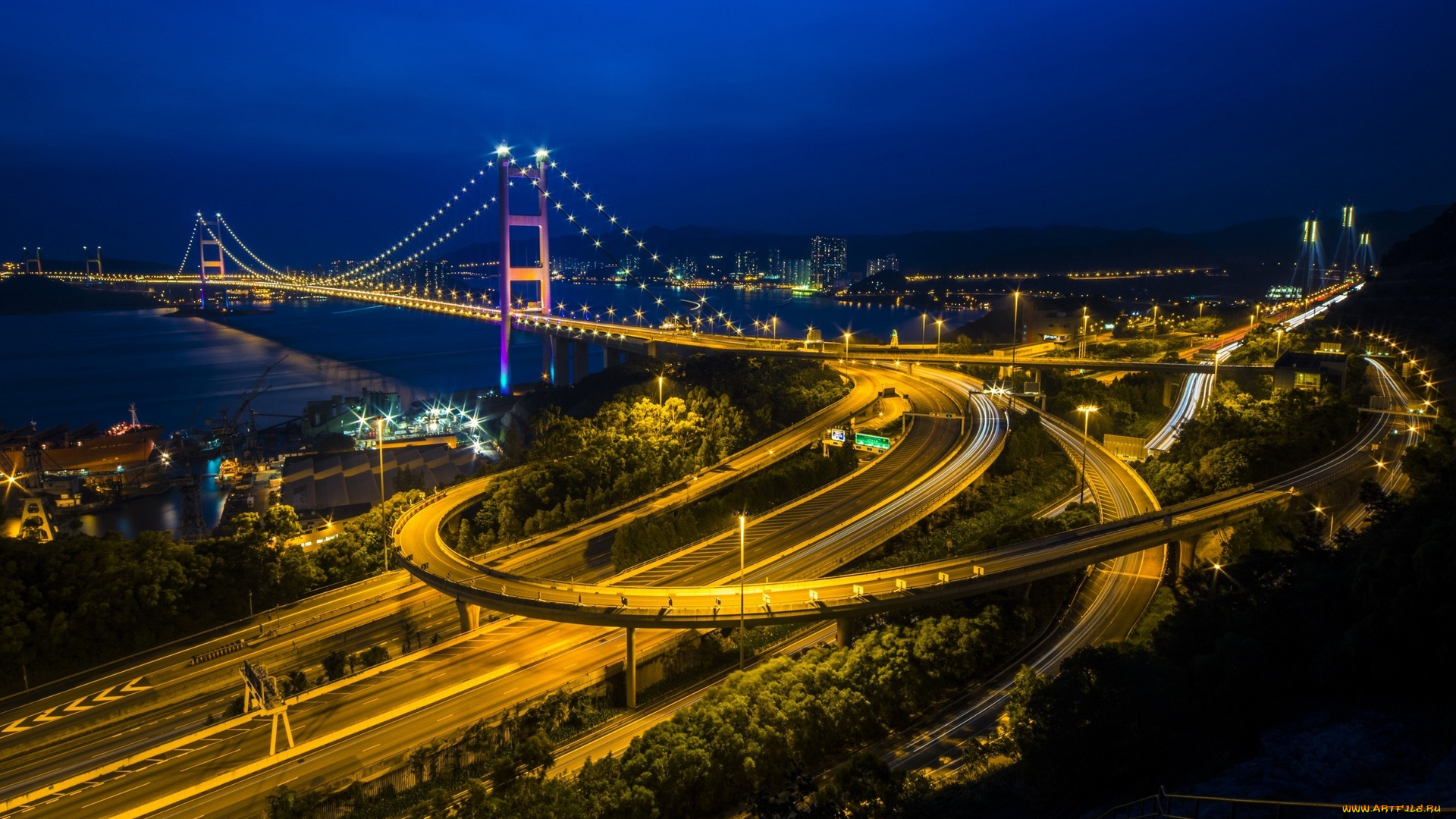 города, гонконг, , китай, шоссе, город, дороги, панорама, огни, мост, развязки