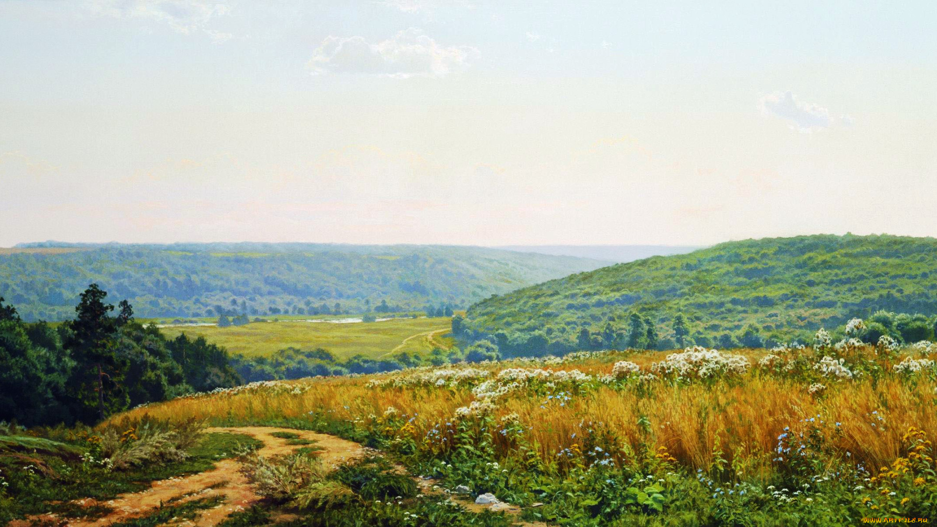 поля, и, леса, в, окрестностях, алексина, рисованное, андрей, герасимов, река, цветы, деревья, холмы, поле, трава, дорога