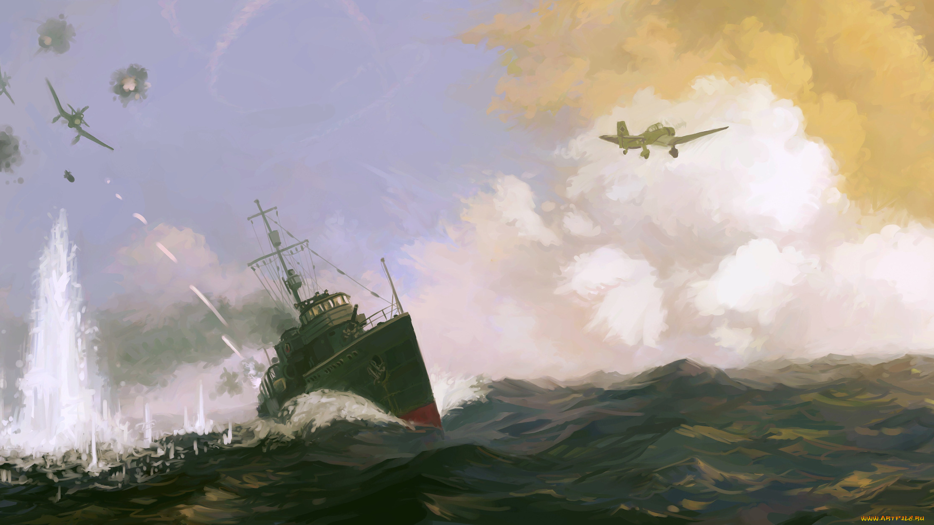 рисованное, армия, атака, трассеры, взрывы, бой, валериан, куйбышев, эсминец, корабль, самолеты, море