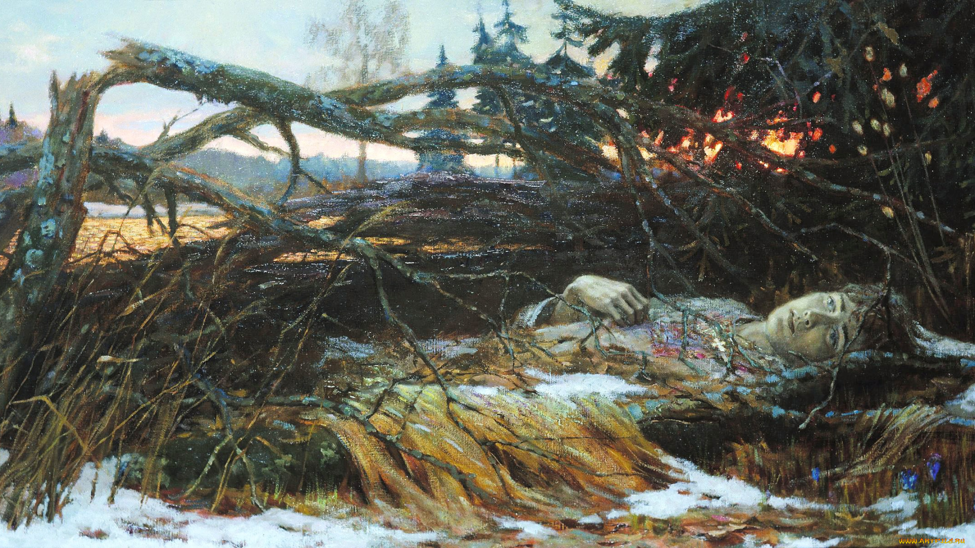 святой, великомученик, глеб, -, демаков, евгений, рисованное, живопись, труп, деревья, человек, снег, ветки