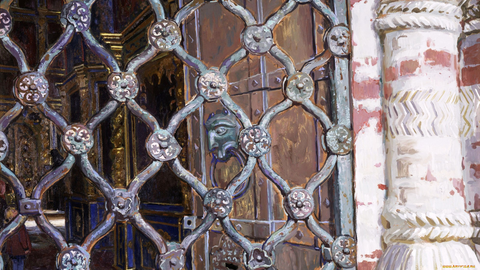 успенский, собор, в, ростове, великом, рисованное, иван, глазунов, роспись, коридор, решетка, здание, колонна