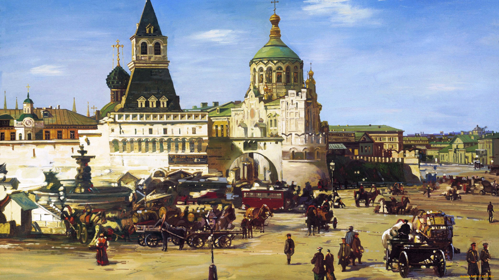 вид, на, лубянскую, площадь, рисованное, алексей, евстигнеев, повозки, люди, здания, дома, столица, москва