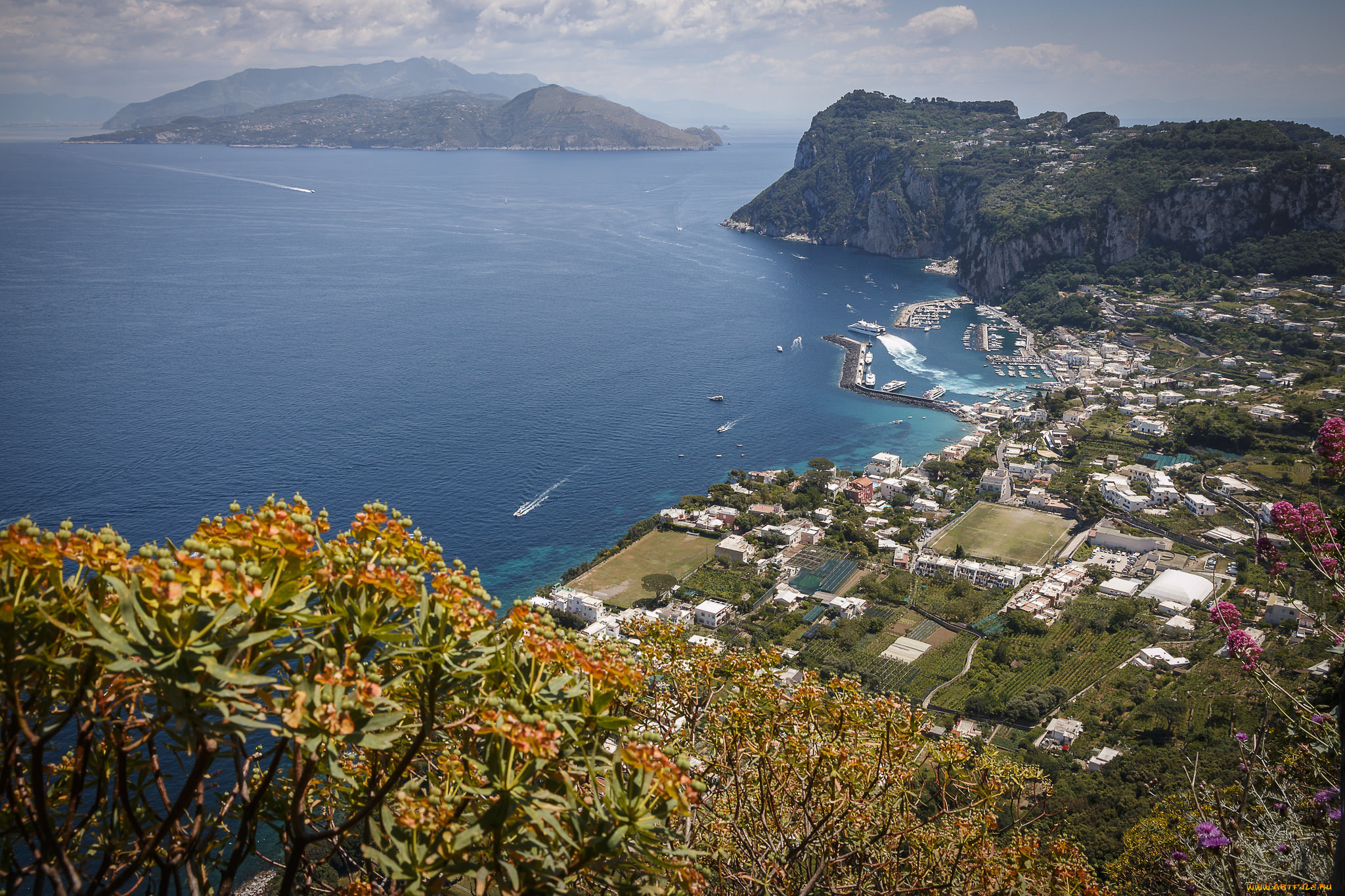 города, -, панорамы, италия, кампания, анакапри, бухта, море, горы, остров
