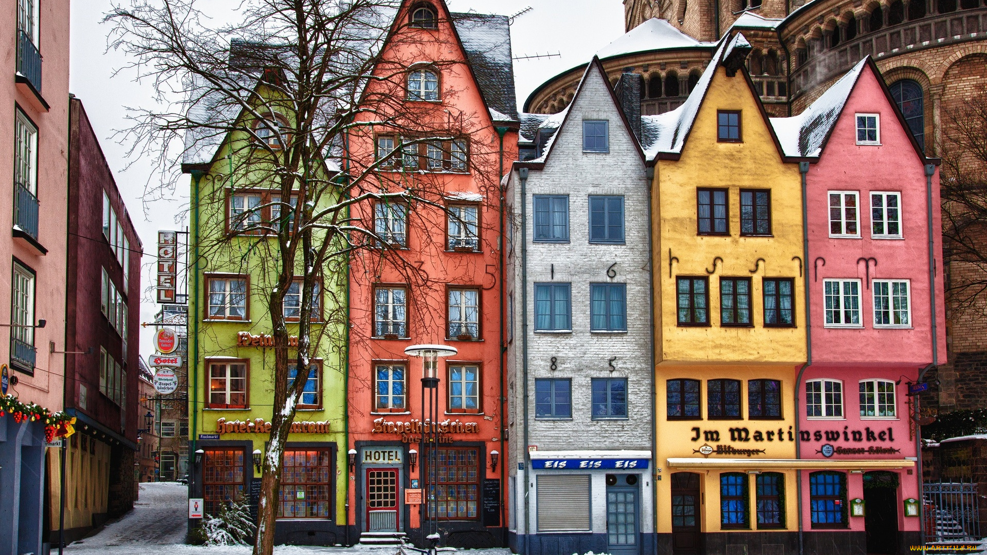 кёльн, города, кельн, , германия, снег, здания, зима, дома, улица