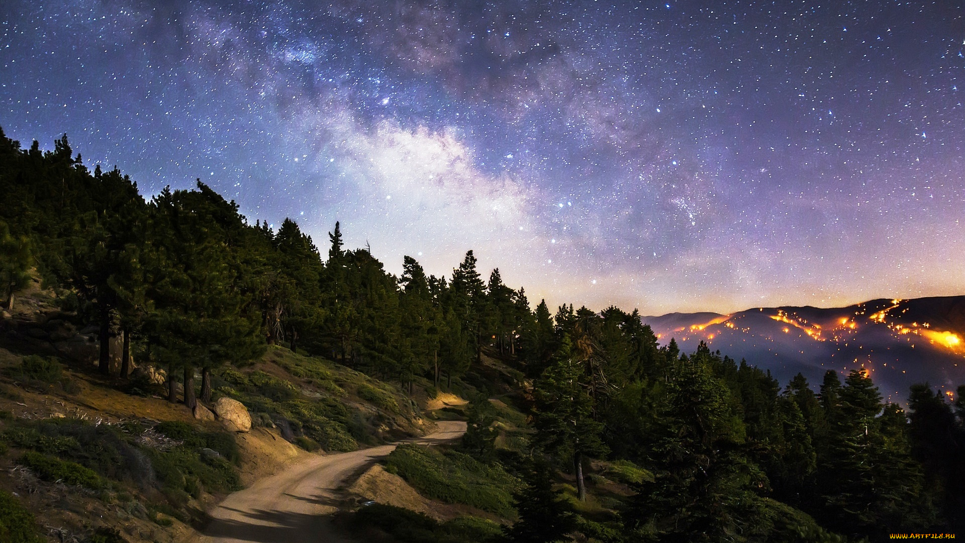 природа, дороги, небо, звезды, огни, лес, вечер, дорога, склон