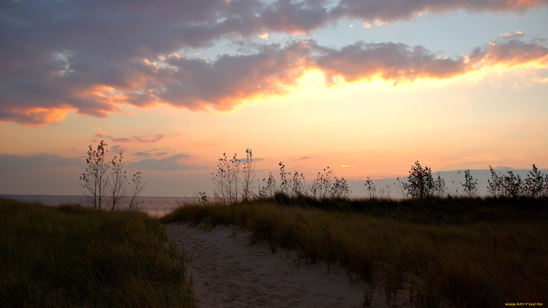 природа, побережье, следы, облака, море, закат, трава, песок
