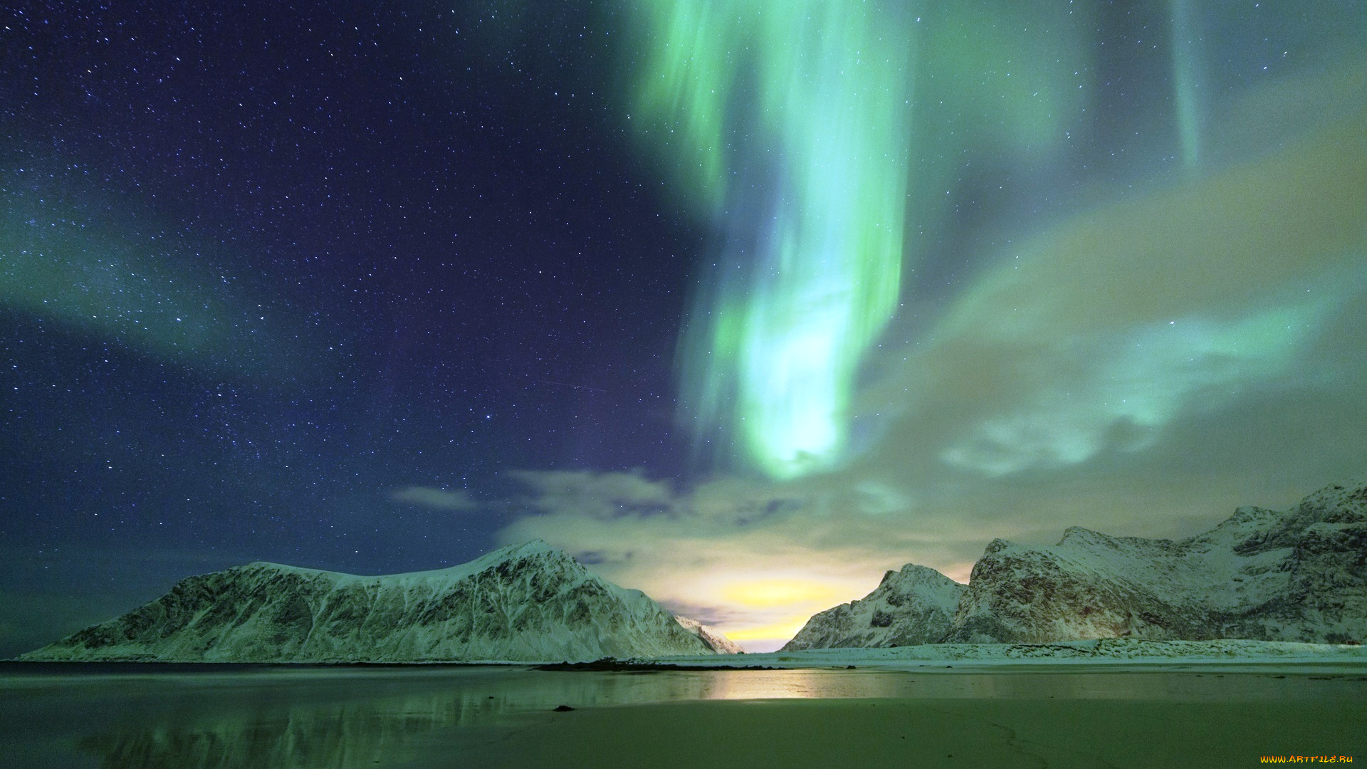 природа, северное, сияние, сияние, небо, ночь, горы, зима, снег, море, звезды