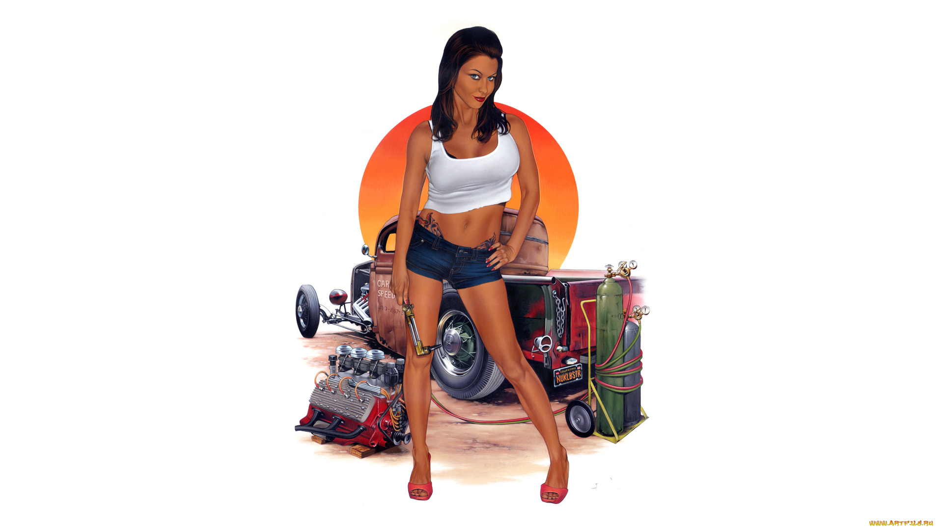 рисованное, люди, автомобиль, девушка, фон, взгляд