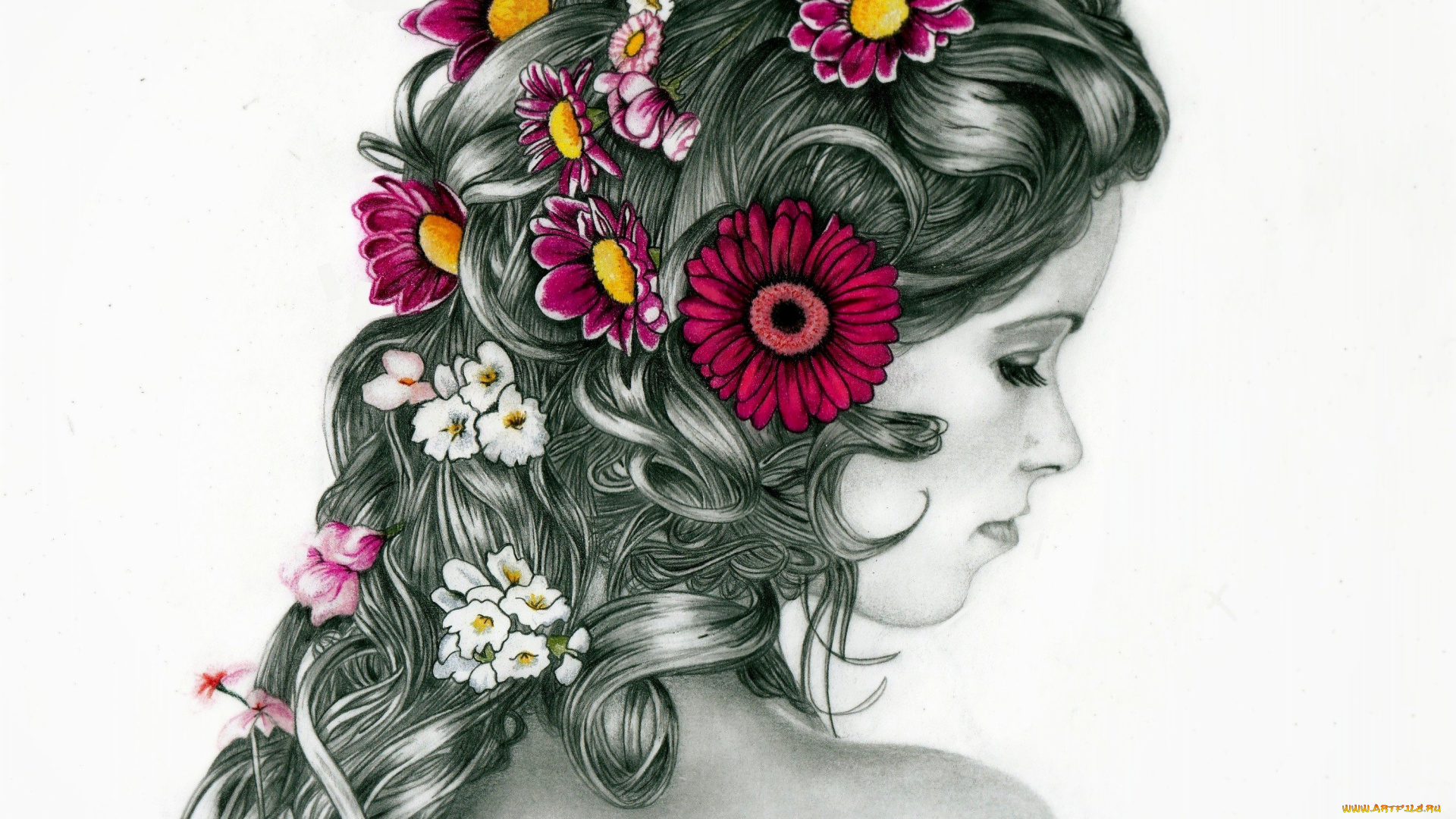 рисованное, люди, фон, девушка, цветы, причёска