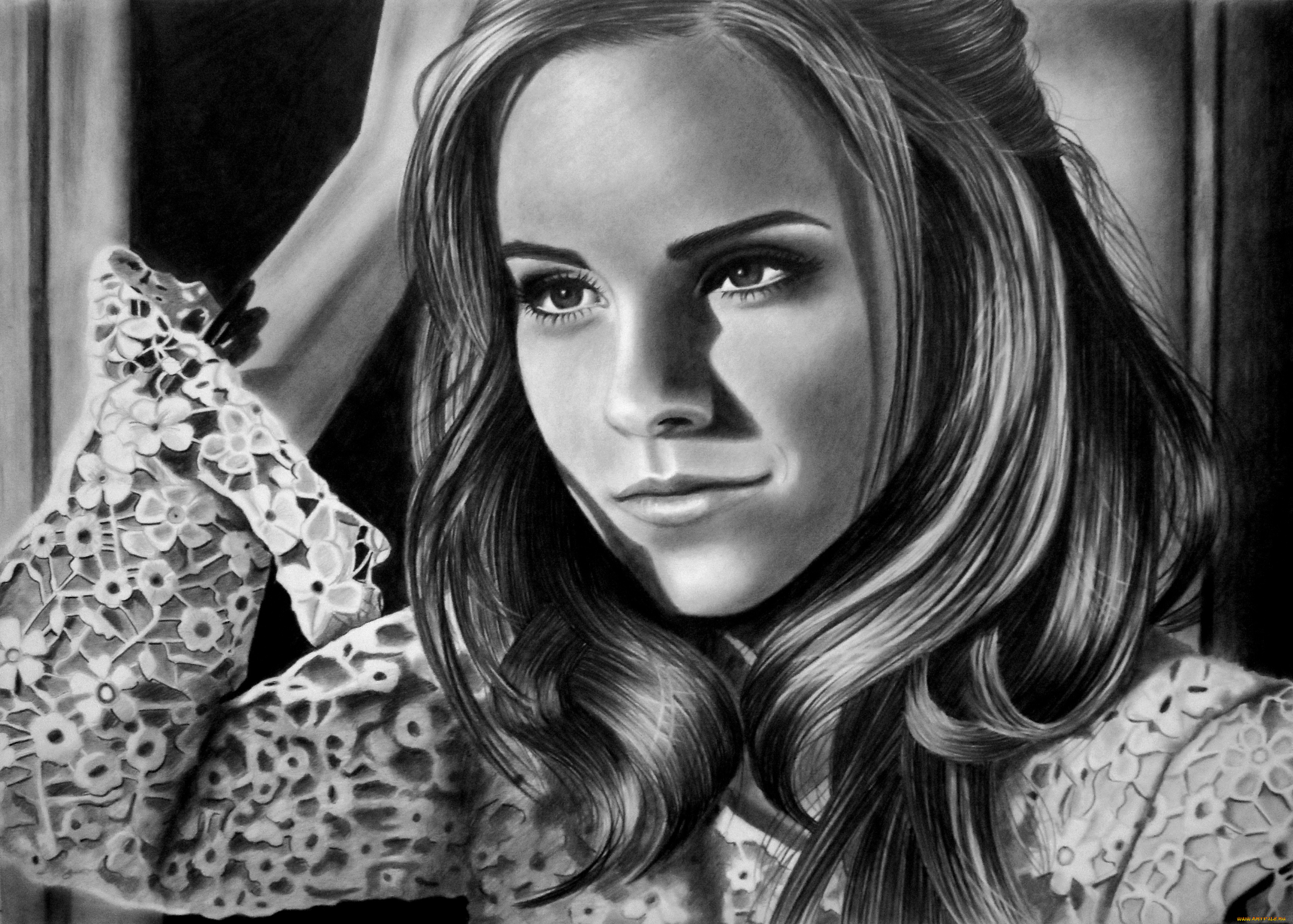 emma, watson, рисованное, люди, взгляд, фон, девушка