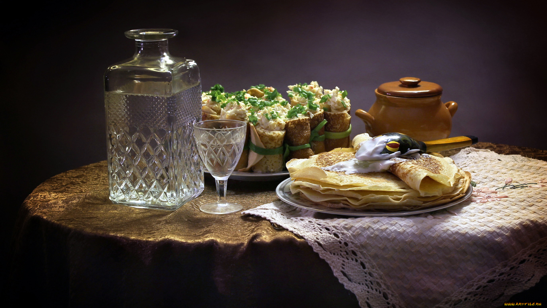 еда, блины, , оладьи, водка, штоф, сметана