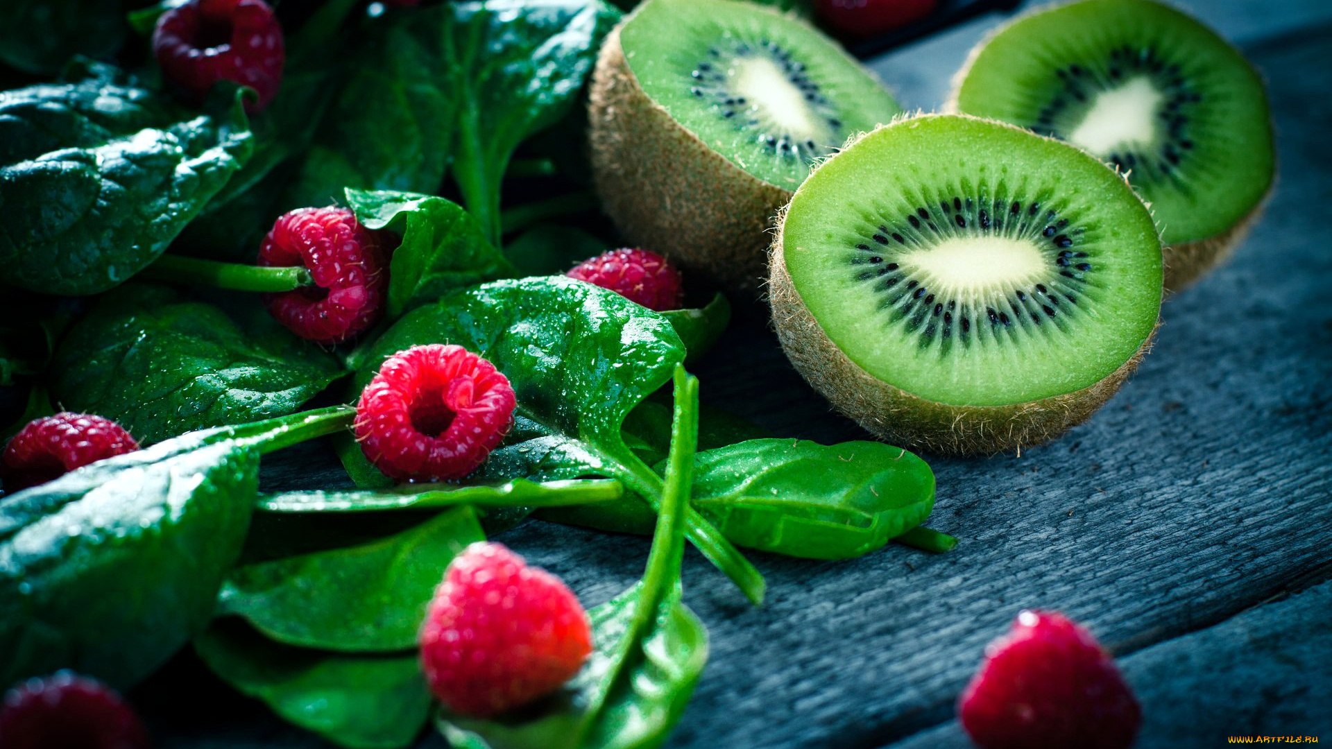 еда, фрукты, и, овощи, вместе, киви, шпинат, малина