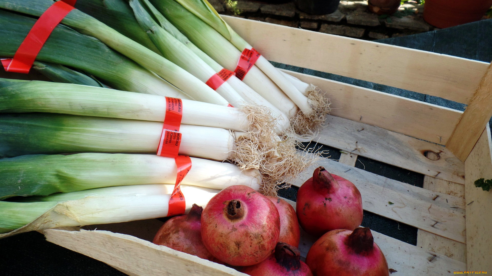 еда, фрукты, и, овощи, вместе, лук, порей, гранат