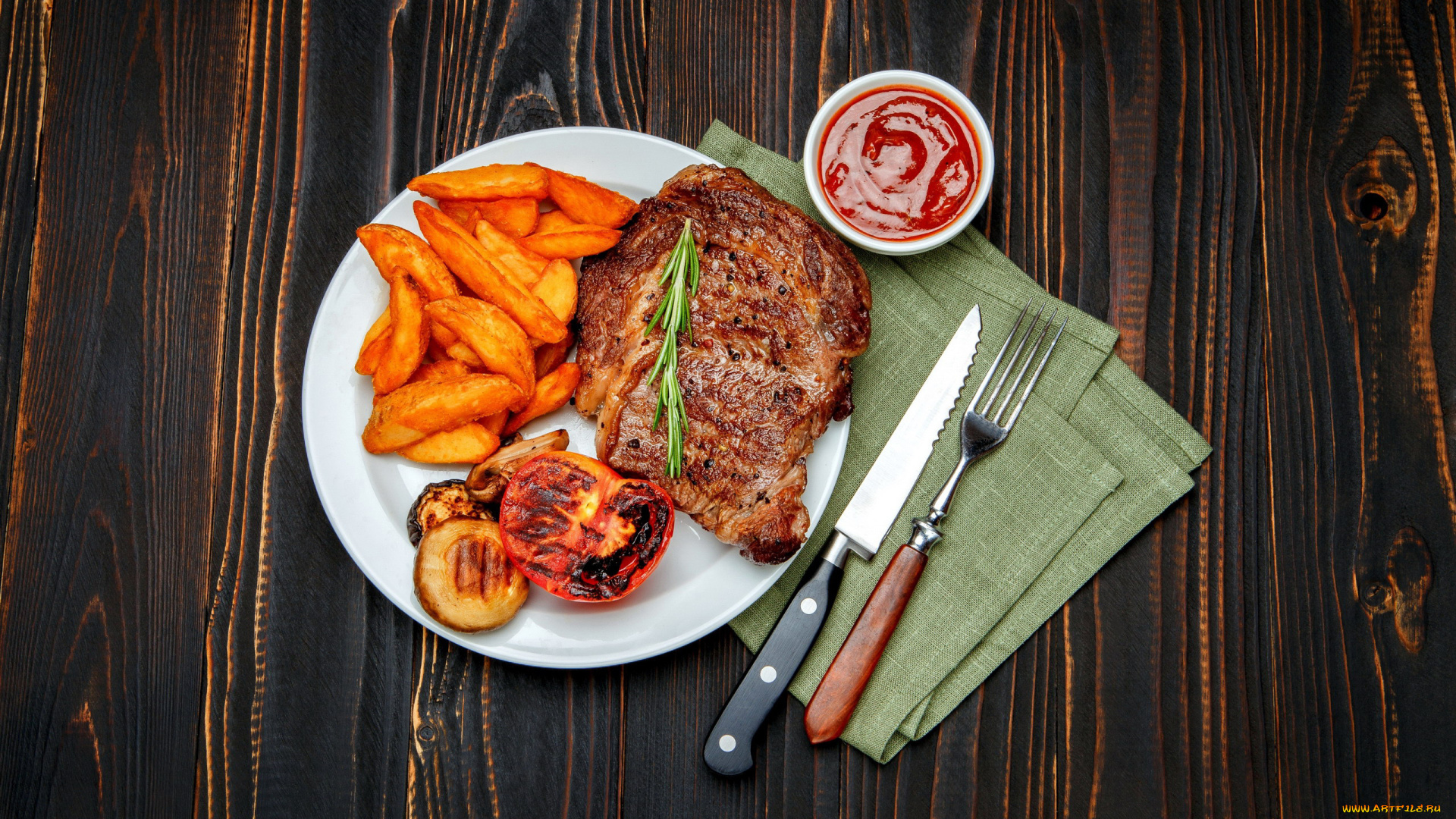 еда, мясные, блюда, розмарин, гарнир, соус, картофель, стейк, мясо