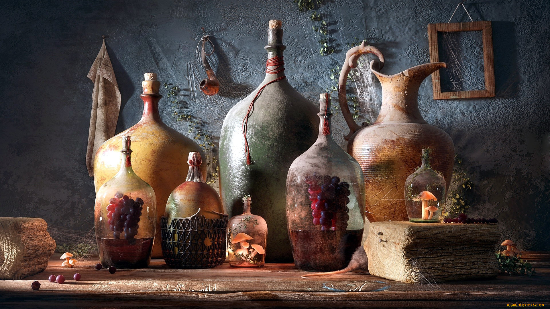еда, натюрморт, грибы, виноград, бутыли, кувшины