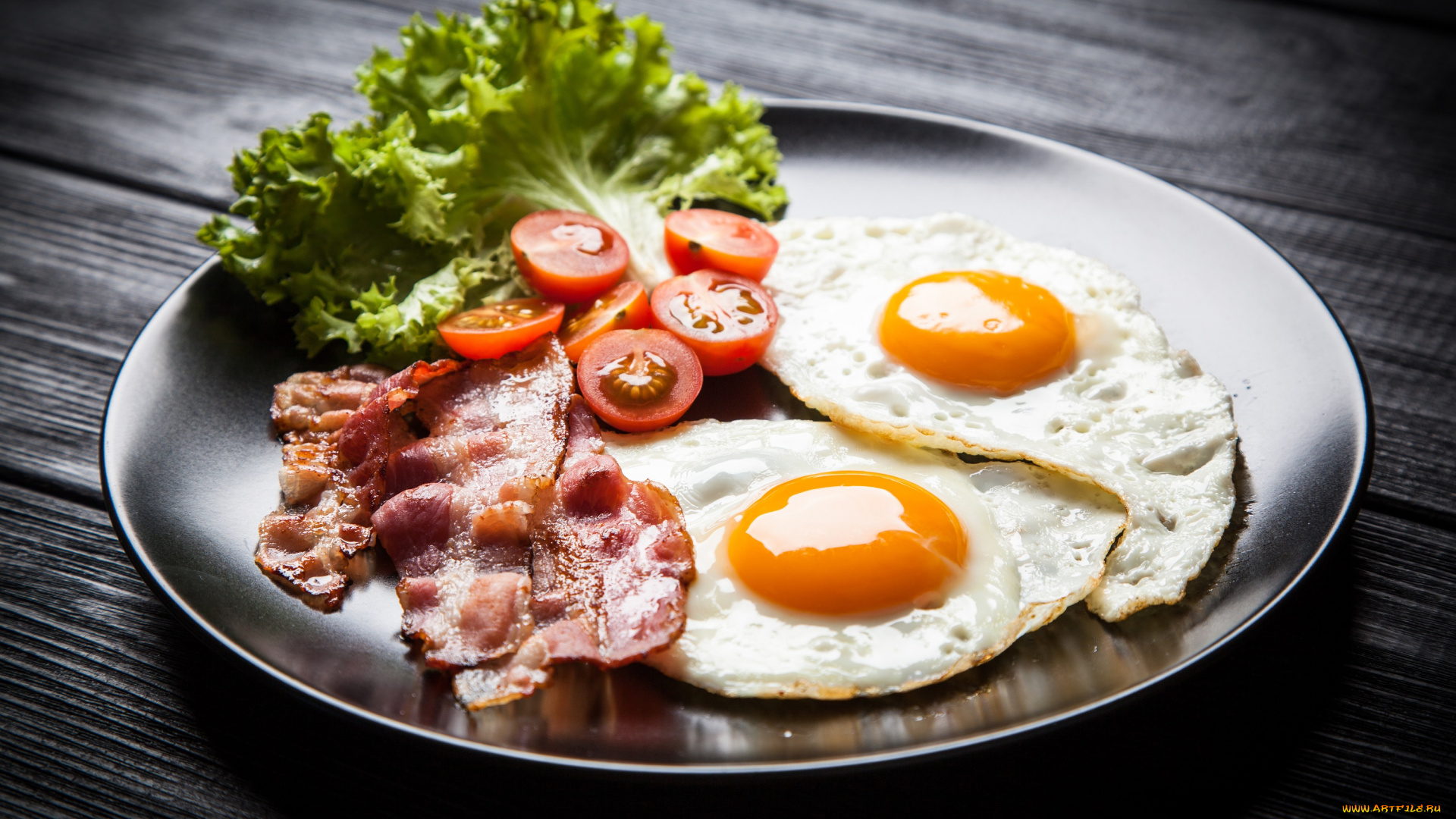 еда, Яичные, блюда, завтрак, бекон, томат, яйца, салат