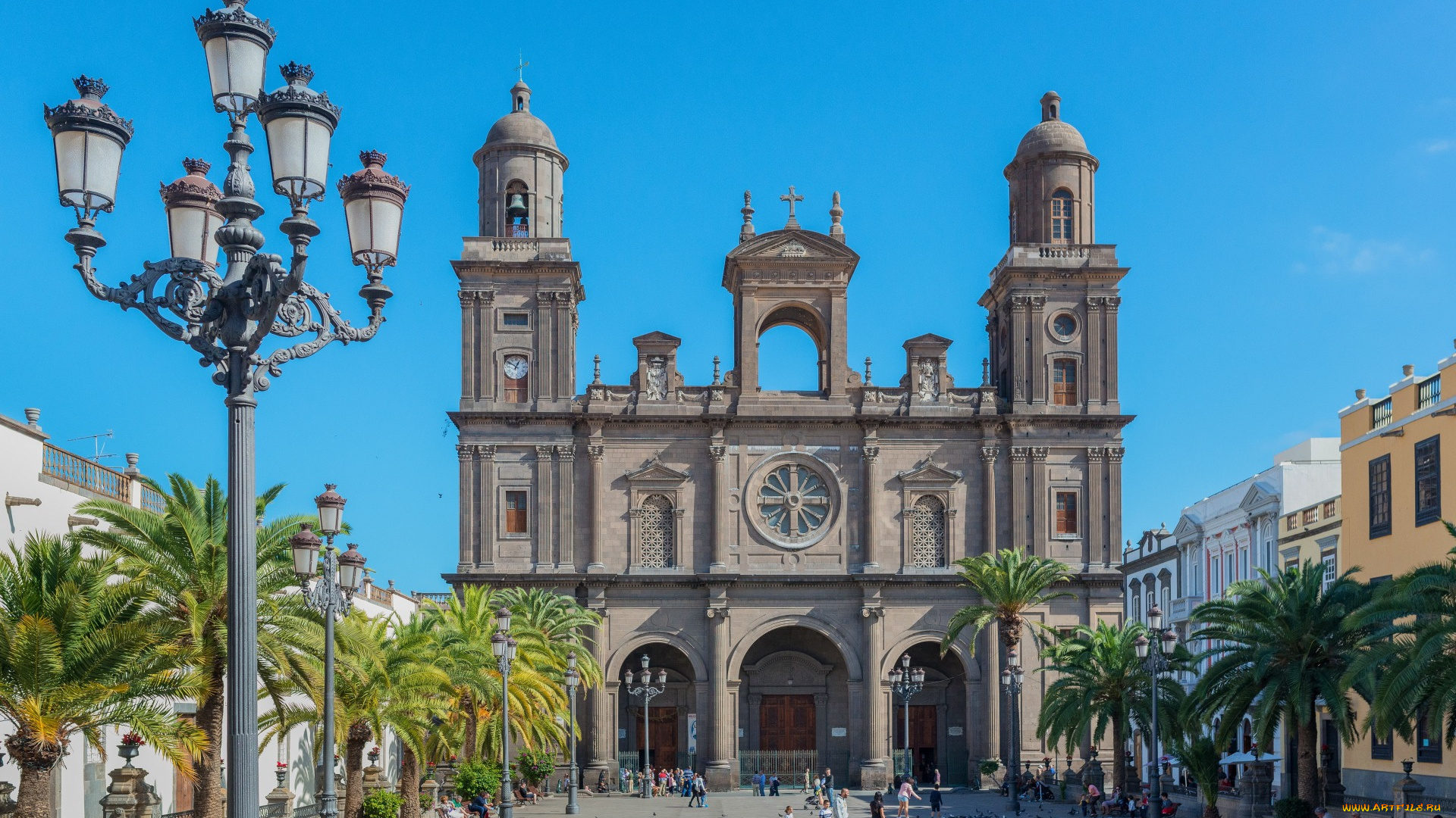 города, -, католические, соборы, , костелы, , аббатства, солнечно, фонари, голубое, небо, храм, tenerife, площадь, дома, san, telmo, испания, пальмы