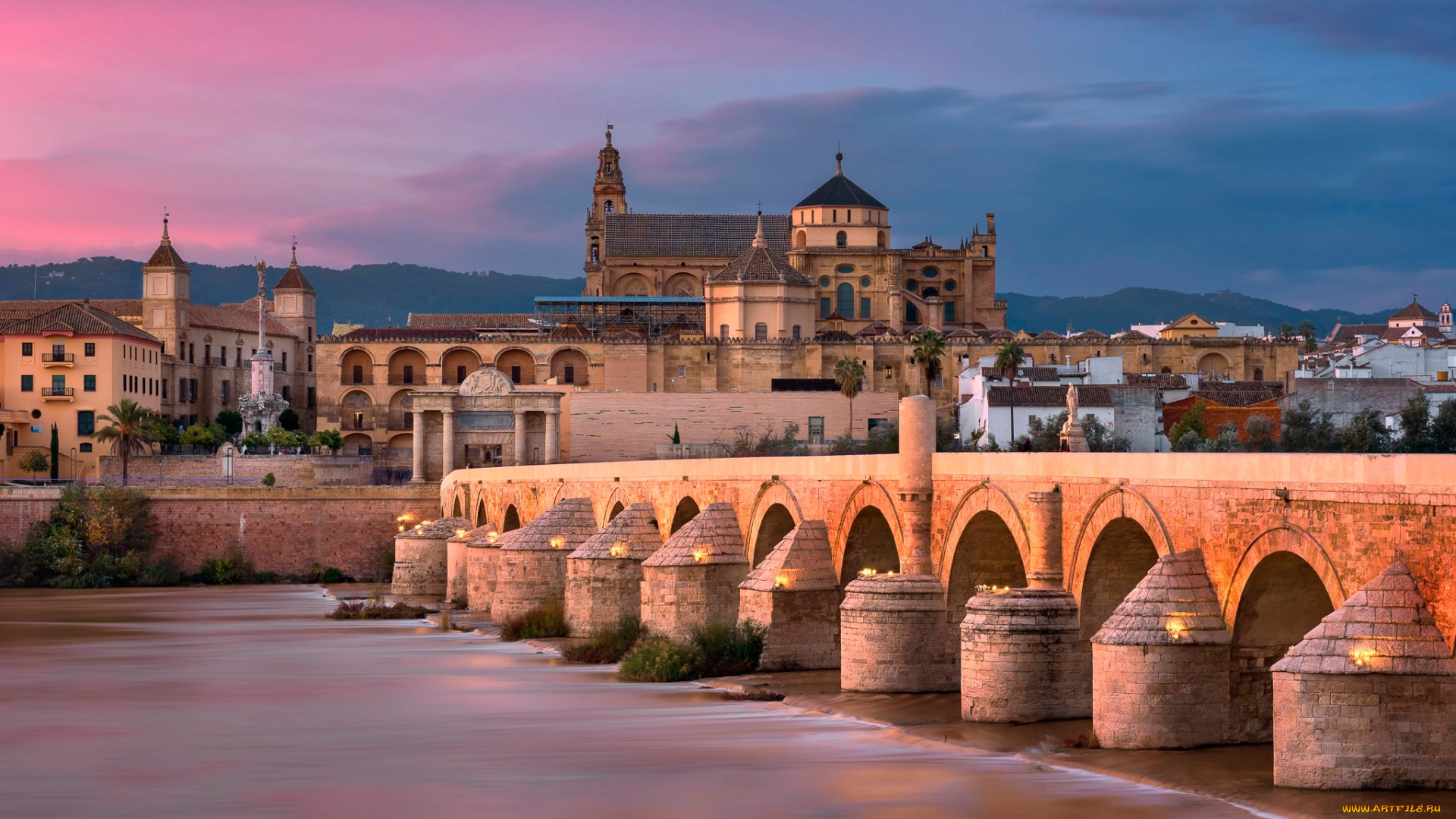 города, -, мосты, римский, мост, река, зарево, архитектура, дома, огни, небо, кордова, испания