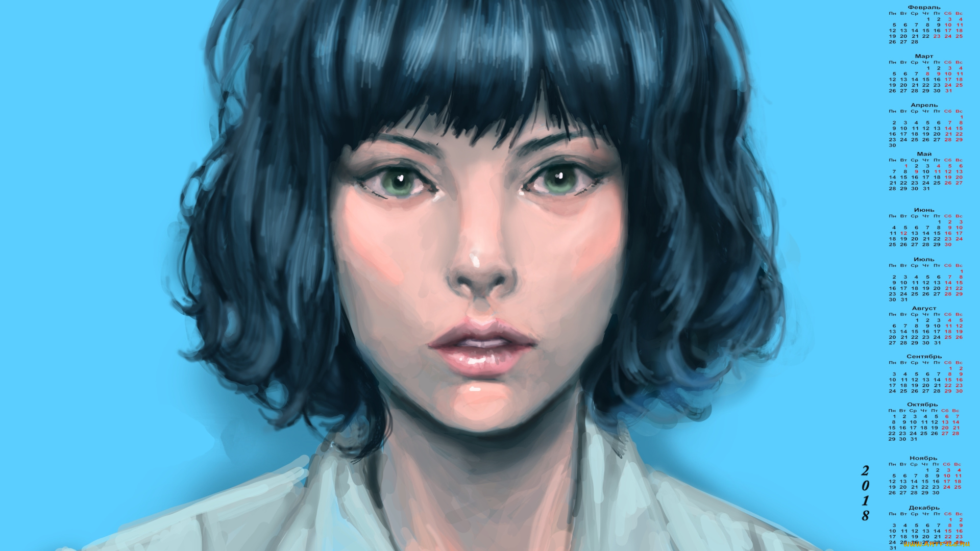 календари, рисованные, , векторная, графика, взгляд, лицо, девушка, 2018