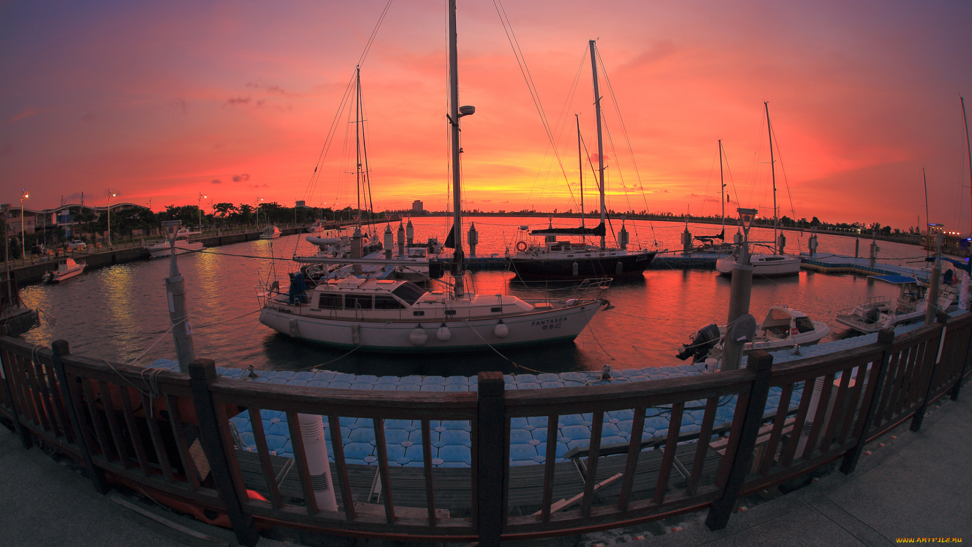 корабли, Яхты, закат, бухта