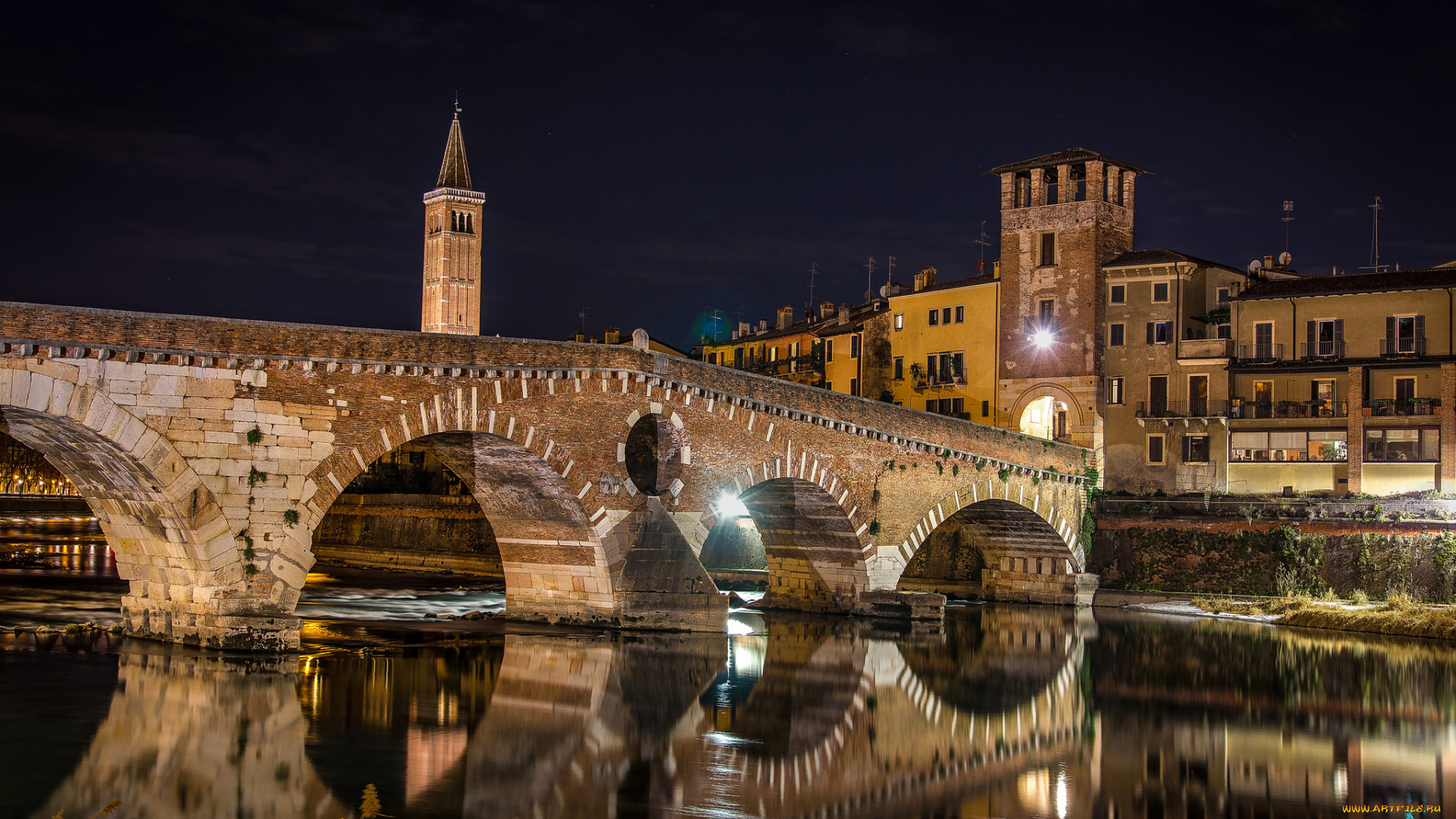 verona, ponte, di, pietra, города, верона, , италия, простор