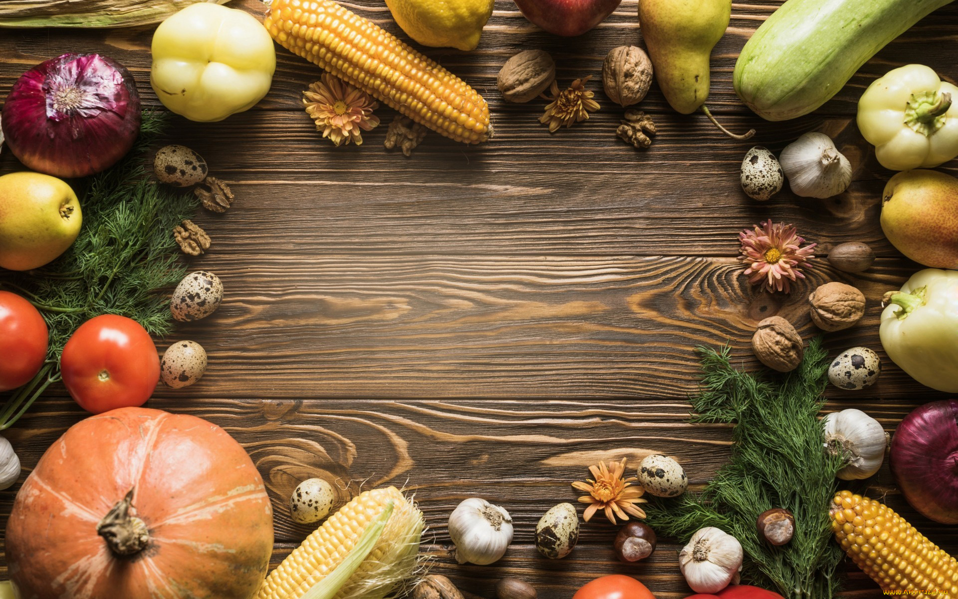 еда, фрукты, и, овощи, вместе, чеснок, груша, кукуруза